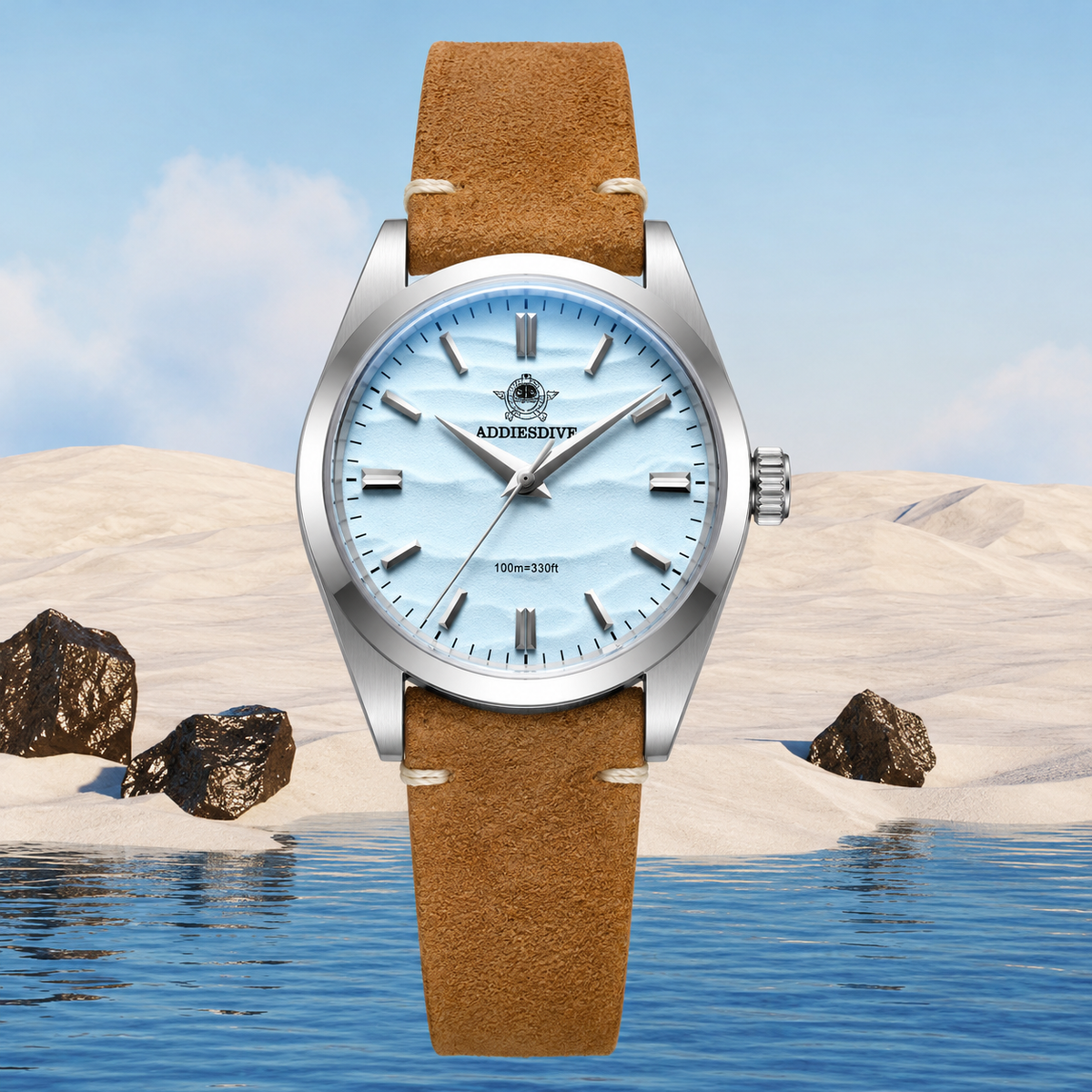 Addiesdive AD2030 Desert Ice with Khaki Suede Leather Strap Unisex Watch – 36mm Classic Desert Dial, Japan VH31 Quartz Movement, Blue Anti-Glare Mineral Glass & Genuine Suede Leather Strap