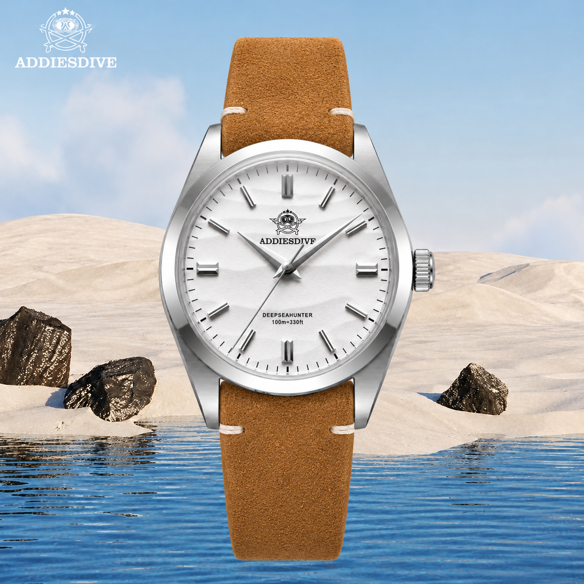 Addiesdive AD2030 Desert White with Khaki Suede Leather Strap Unisex Watch – 36mm Classic Desert Dial, Japan VH31 Quartz Movement, Blue Anti-Glare Mineral Glass & Genuine Suede Leather Strap