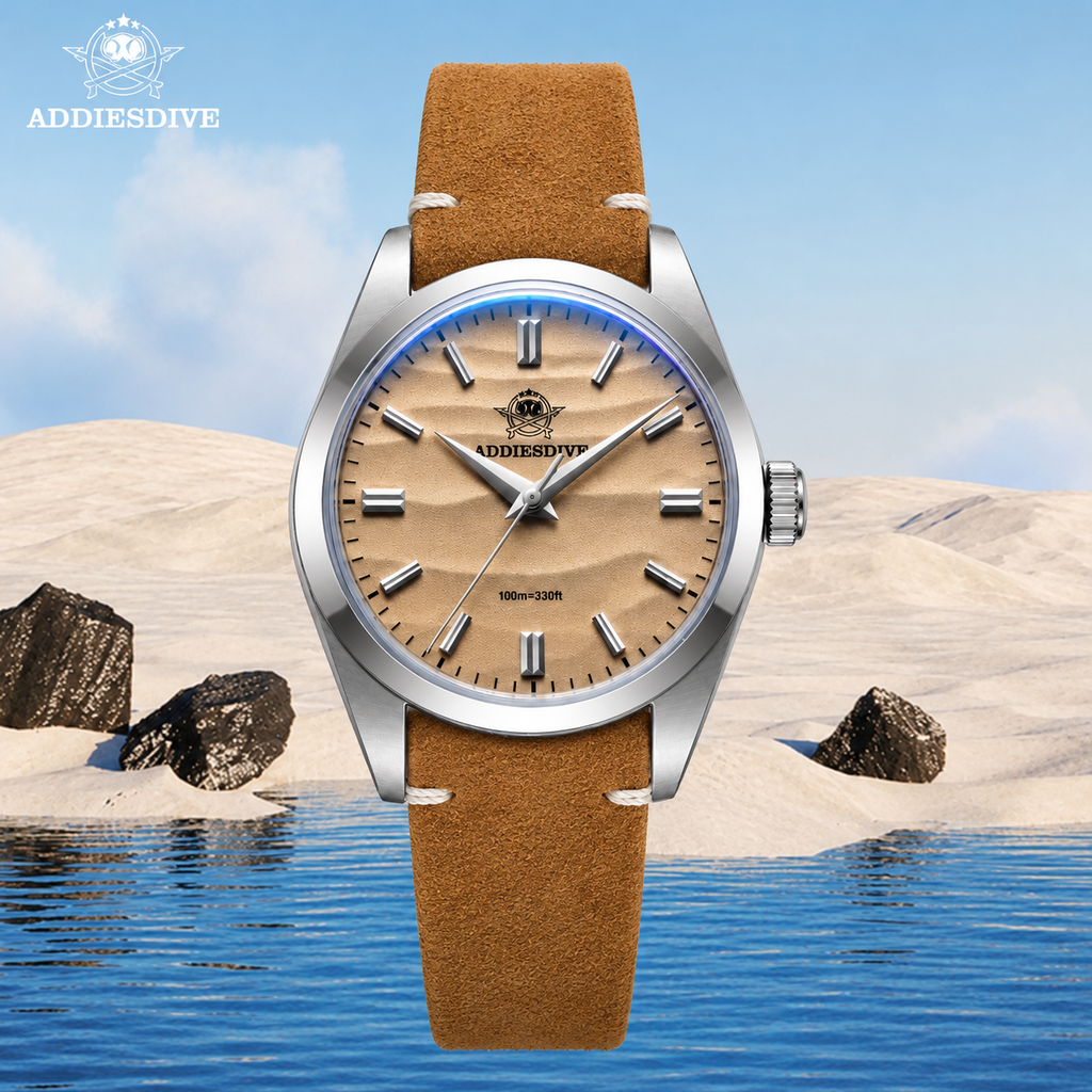 Addiesdive AD2030 Desert Sand Dial Suede Leather Unisex Watch AD2030 | 36mm Quartz Japan VH31 | 100M Water Resistant
