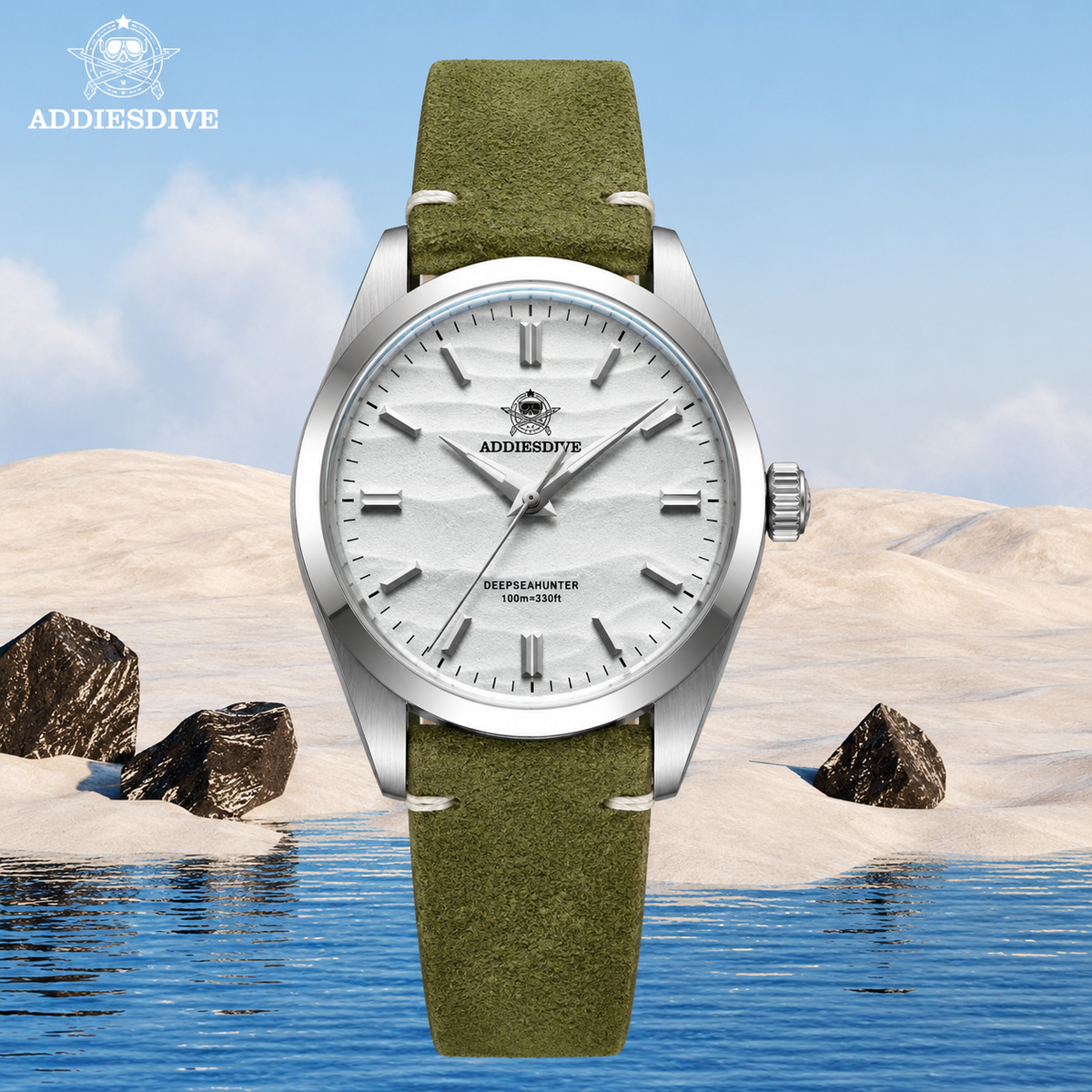 Addiesdive AD2030 Desert White Green Suede Leather Strap Unisex Watch – 36mm Classic Desert Dial, Japan VH31 Quartz Movement, Blue Anti-Glare Mineral Glass & Genuine Suede Leather Strap