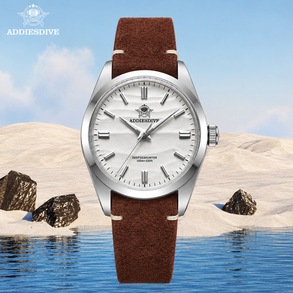 Addiesdive AD2030 Desert White Unisex Watch – 36mm Classic Desert Dial, Japan VH31 Quartz Movement, Blue Anti-Glare Mineral Glass & Genuine Suede Leather Strap