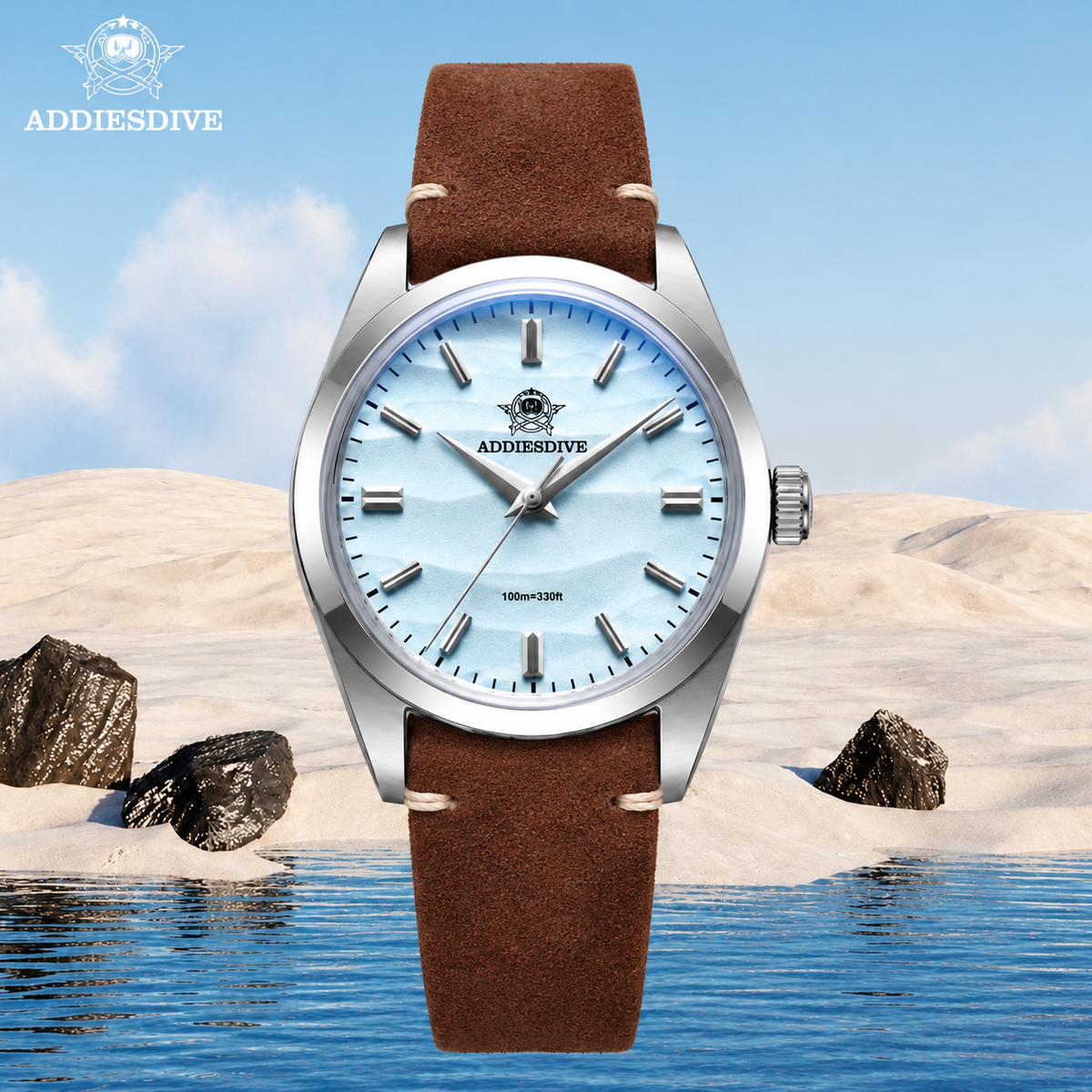 Addiesdive AD2030 Desert Ice with Brown Suede Leather Strap Unisex Watch – 36mm Classic Desert Dial, Japan VH31 Quartz Movement, Blue Anti-Glare Mineral Glass & Genuine Suede Leather Strap