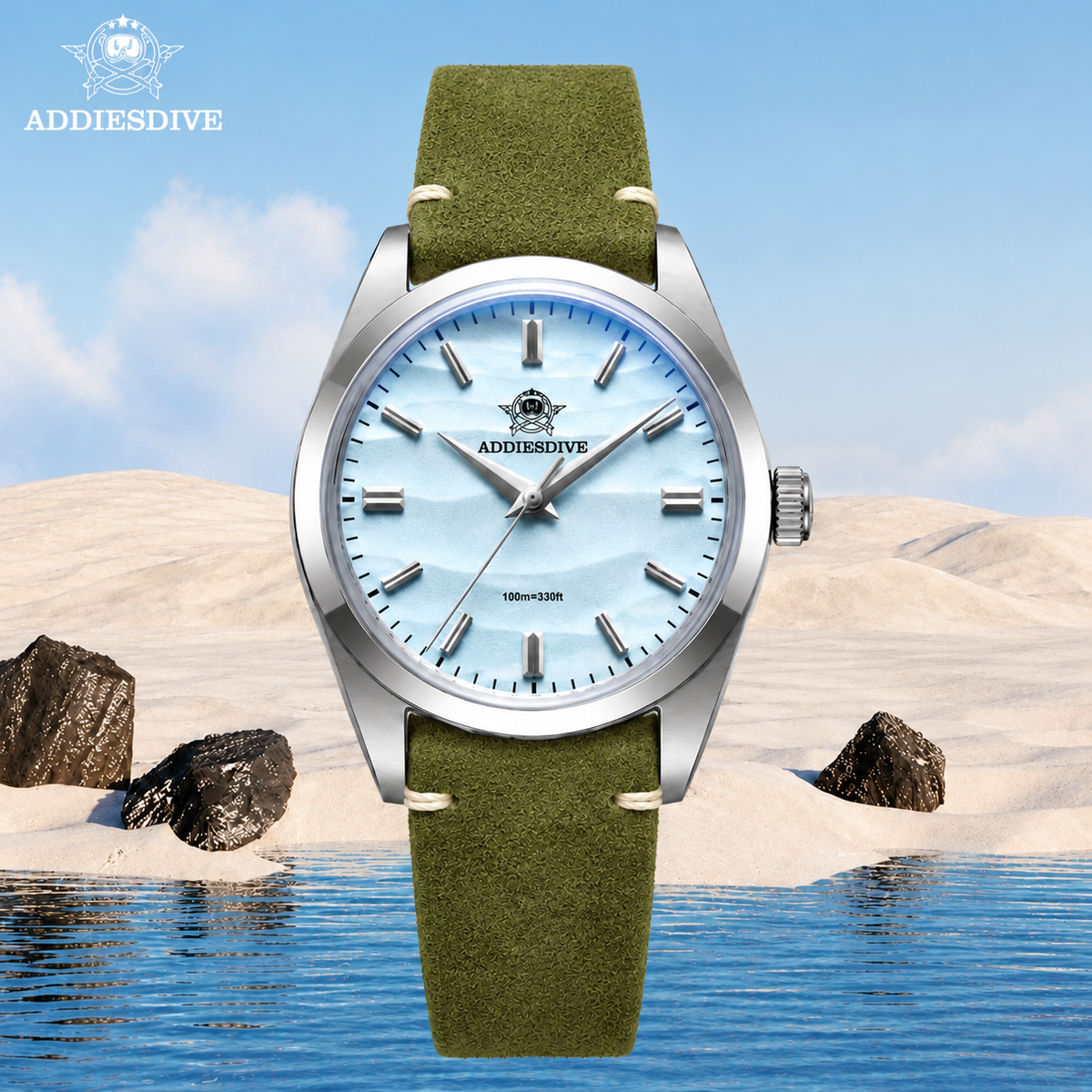 Addiesdive AD2030 Desert Ice with Green Suede Leather Strap Unisex Watch – 36mm Classic Desert Dial, Japan VH31 Quartz Movement, Blue Anti-Glare Mineral Glass & Genuine Suede Leather Strap