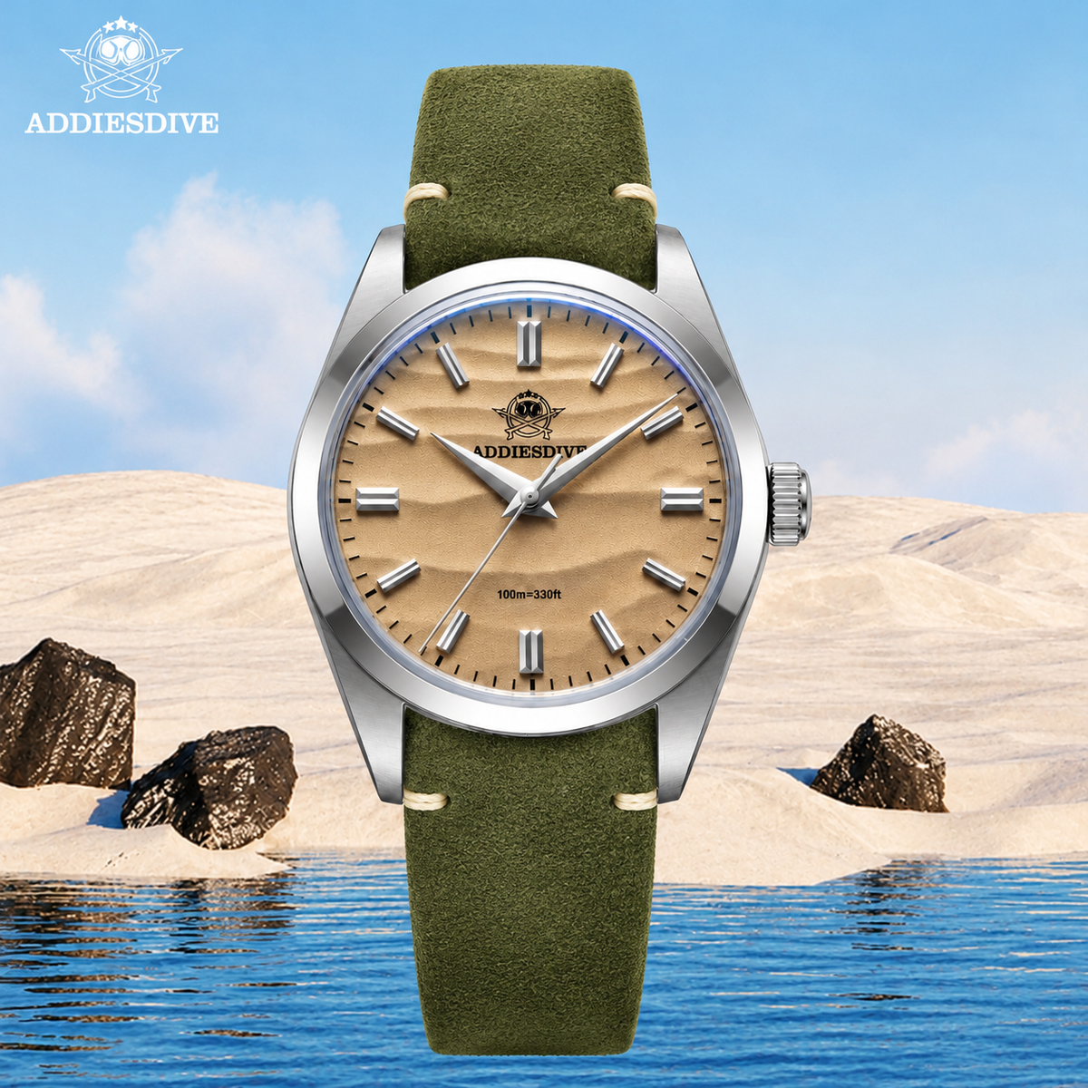 Addiesdive AD2030 Desert White with Green Suede Leather Strap Unisex Watch – 36mm Classic Desert Dial, Japan VH31 Quartz Movement, Blue Anti-Glare Mineral Glass & Genuine Suede Leather Strap