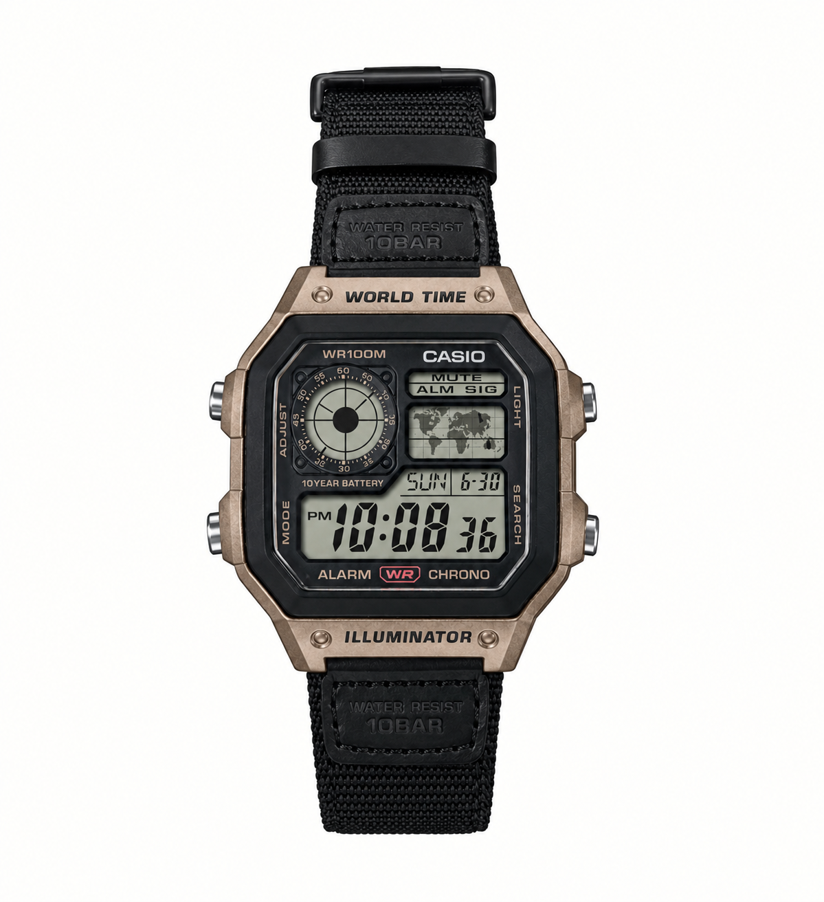 Casio AE-1200WHL Black Nato World Time Digital Watch Brown Leather Strap 100M Water Resistant – 10 Year Battery