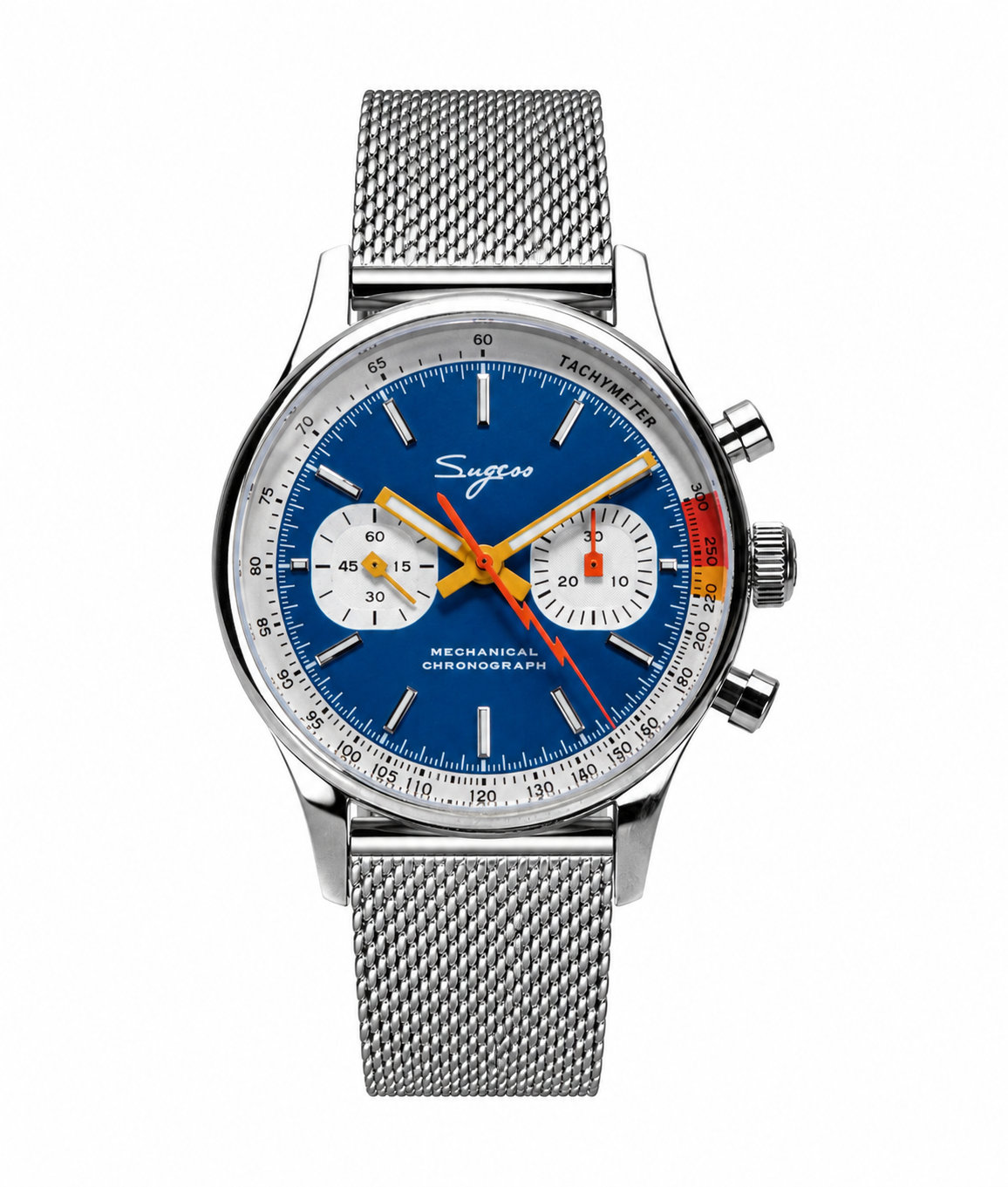 Sugess 1963 Racing Mechanical Chronograph Blue Panda Dial Watch with Mesh Bracelet – Seagull ST1901 Hand-Wound Movement, 29 Jewels, Sapphire Crystal Tachymeter Bezel