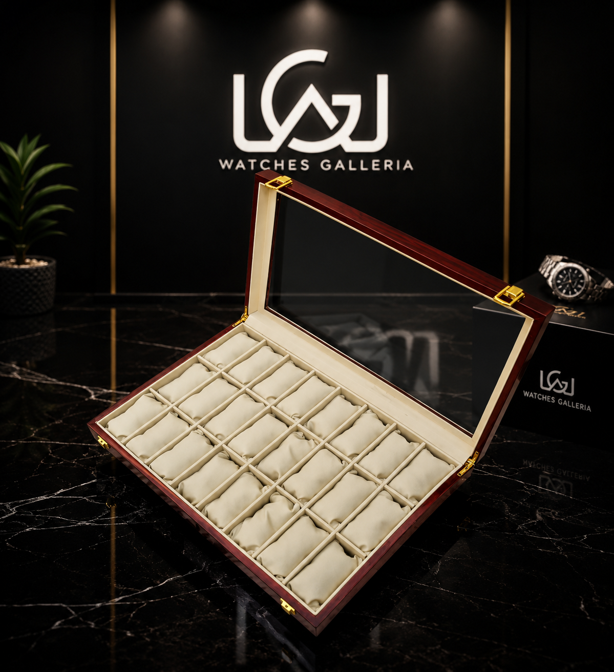24 Slot Premium Brown Wooden Watch Organizer Box with Glass Display Lid | Luxury Watch Storage & Display Case