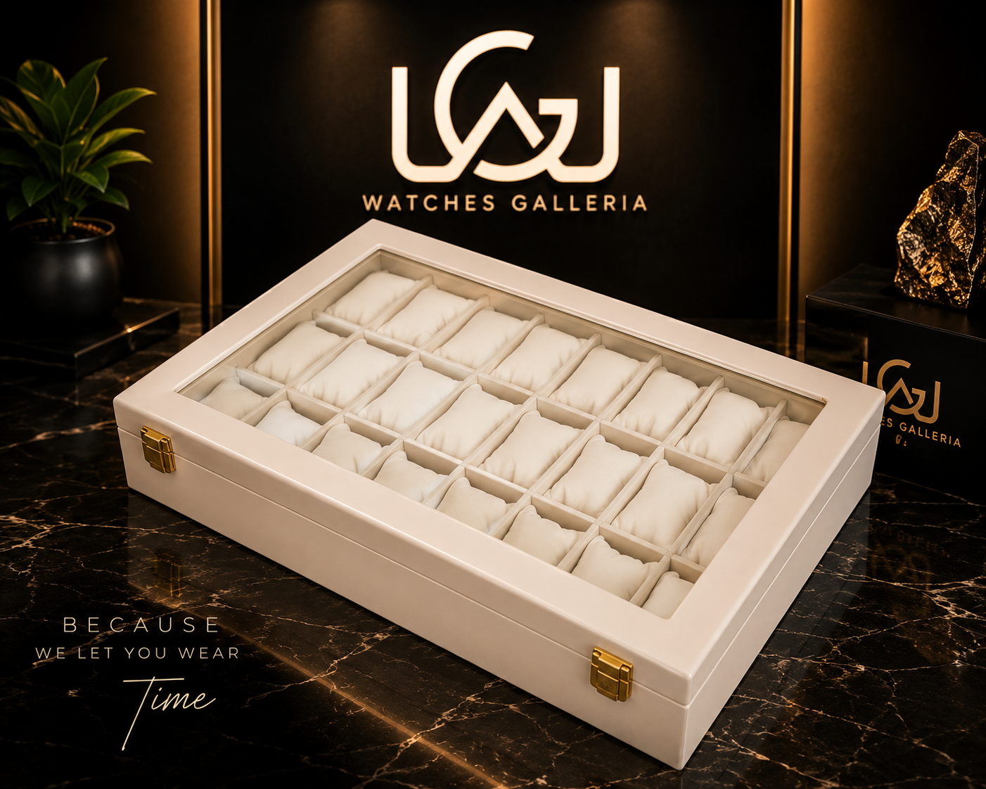 24 Slot Premium White Wooden Watch Organizer Box with Glass Display Lid | Luxury Watch Storage & Display Case