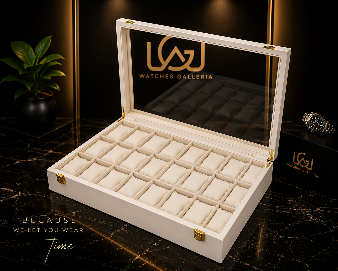 24 Slot Premium White Wooden Watch Organizer Box with Glass Display Lid | Luxury Watch Storage & Display Case