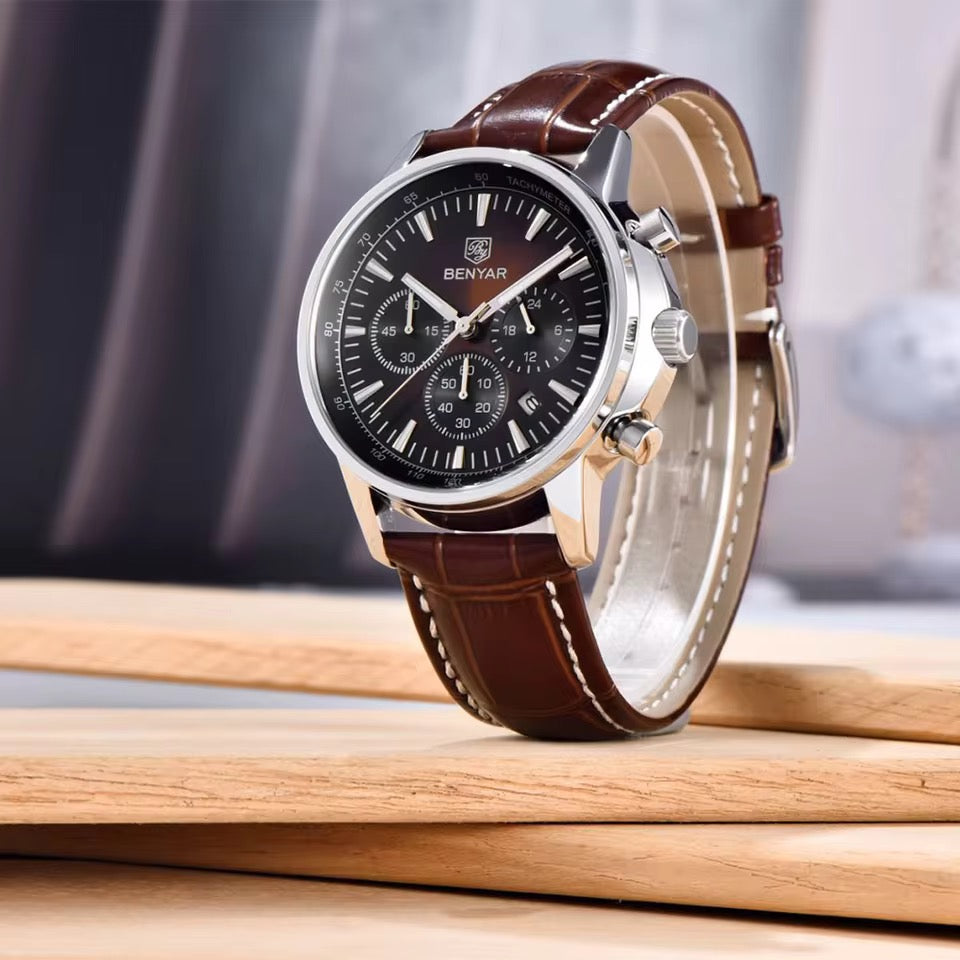 Benyar BY5213 Brown Men’s Luxury Quartz Leather Strap Watch – Waterproof Stainless Steel Analog Wrist Watch with Luminous Hands | Original Benyar Pakistan | Watches Galleria