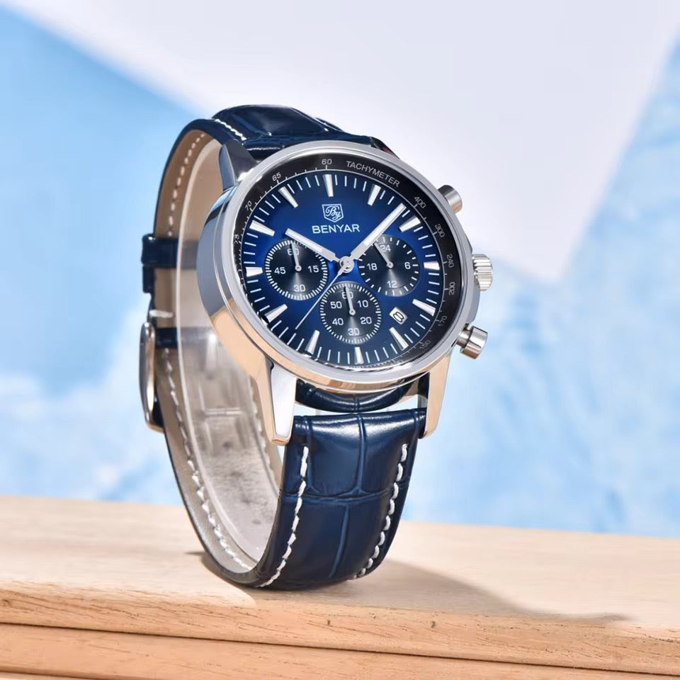 Benyar BY5213 Blue Men’s Luxury Quartz Leather Strap Watch – Waterproof Stainless Steel Analog Wrist Watch with Luminous Hands | Original Benyar Pakistan | Watches Galleria