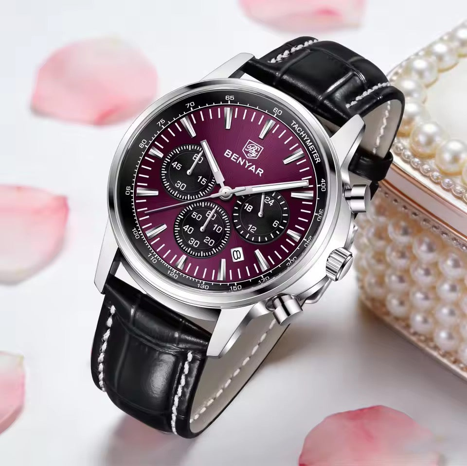 Benyar BY5213 Black Purple Men’s Luxury Quartz Leather Strap Watch – Waterproof Stainless Steel Analog Wrist Watch with Luminous Hands | Original Benyar Pakistan | Watches Galleria