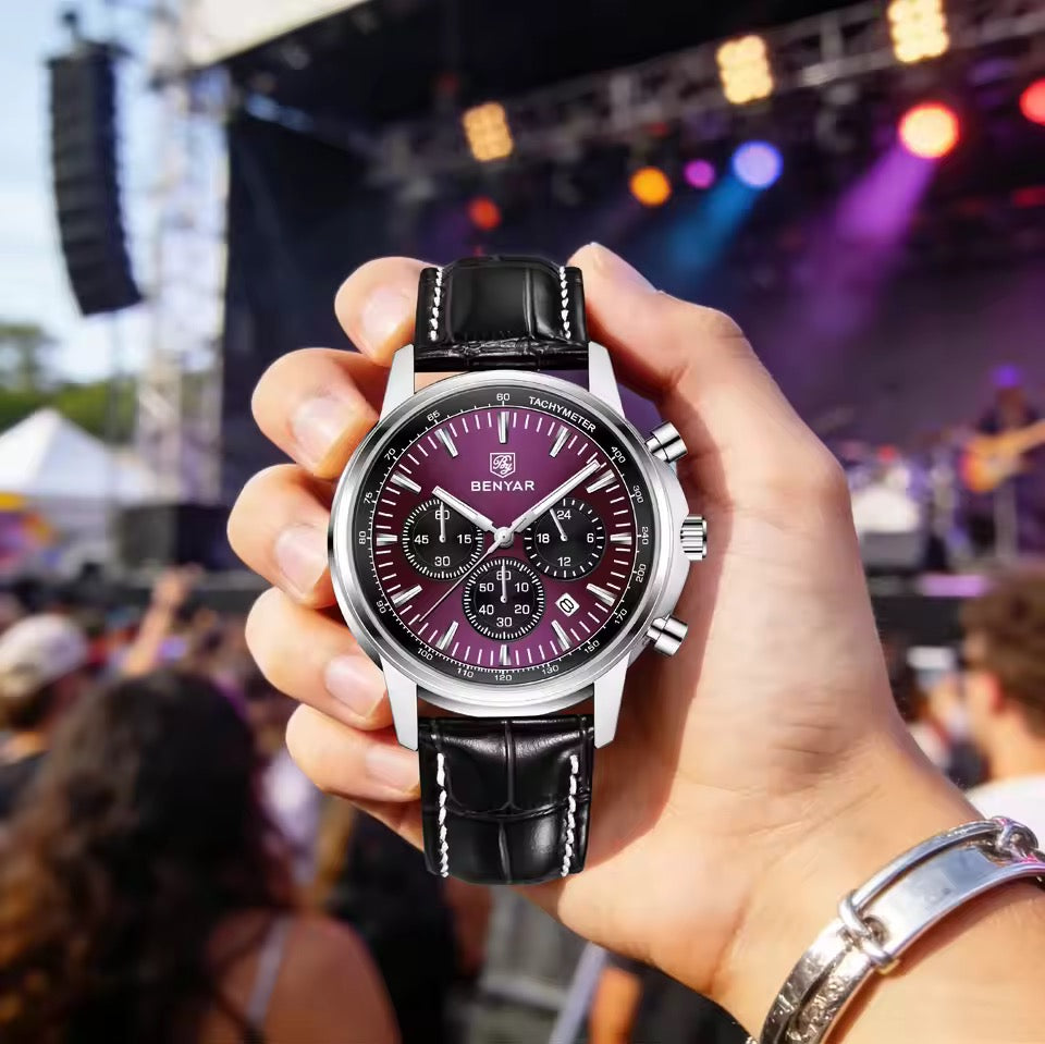 Benyar BY5213 Black Purple Men’s Luxury Quartz Leather Strap Watch – Waterproof Stainless Steel Analog Wrist Watch with Luminous Hands | Original Benyar Pakistan | Watches Galleria