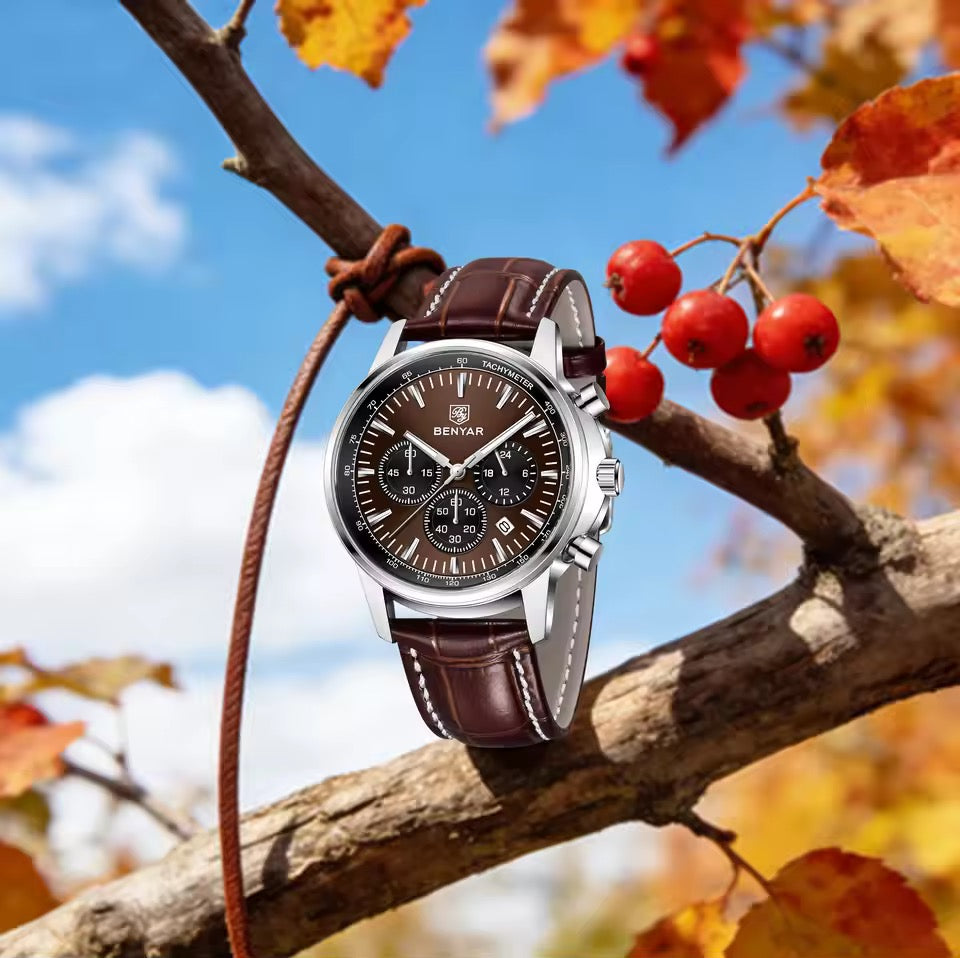 Benyar BY5213 Brown Men’s Luxury Quartz Leather Strap Watch – Waterproof Stainless Steel Analog Wrist Watch with Luminous Hands | Original Benyar Pakistan | Watches Galleria