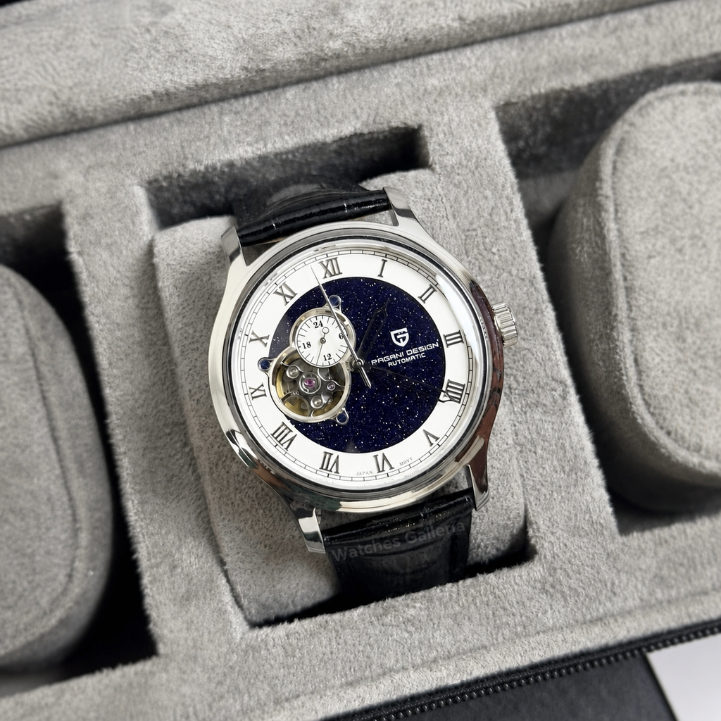Pagani Design PDys015 Stardust Open Heart Automatic Watch – 41mm NH39A, Sapphire Crystal, 100M Water Resistant, Open Heart Skeleton Dial (Black/Blue)