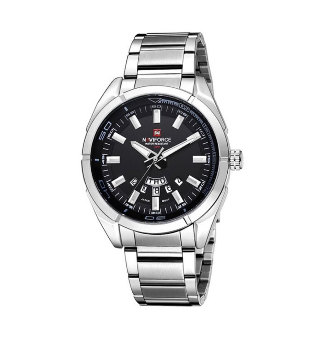 Naviforce NF9038M Original Men’s Watch Silver Black – Japanese Movement, Mineral Glass & Water Resistant
