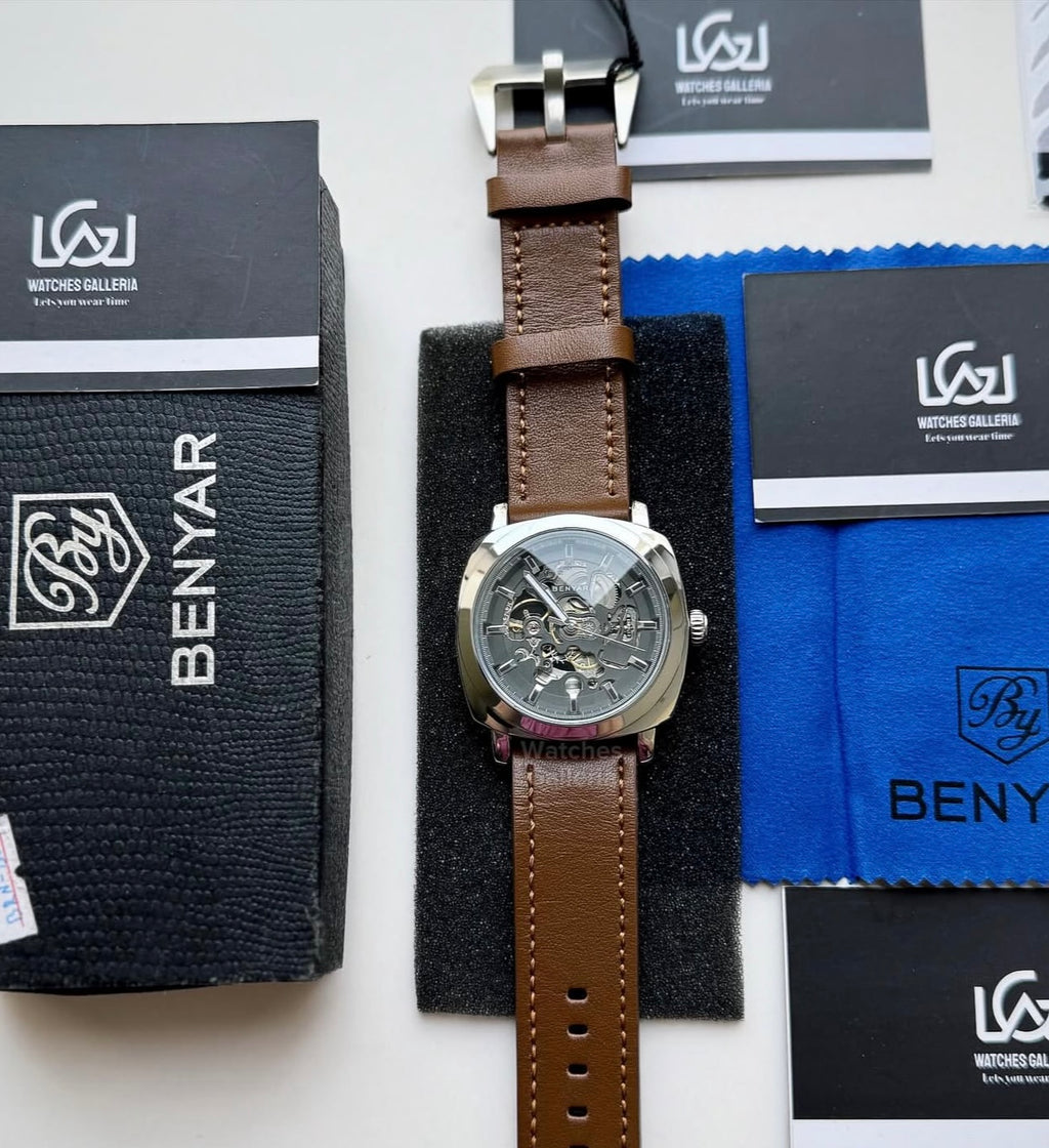 Benyar BY5121 Skeleton Automatic Watch (Silver Brown) Benyar in Pakistan