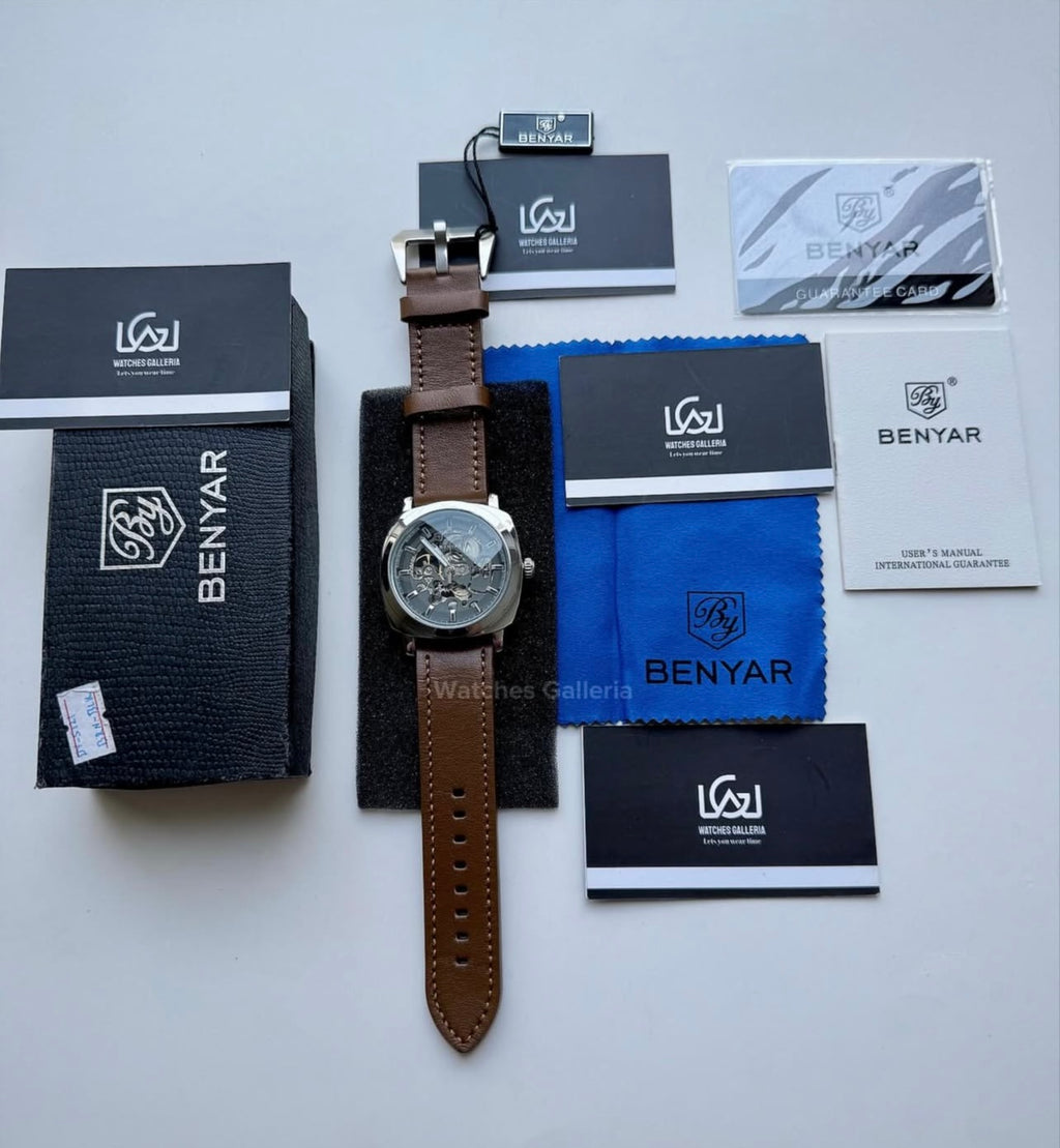 Benyar BY5121 Skeleton Automatic Watch (Silver Brown) Benyar in Pakistan