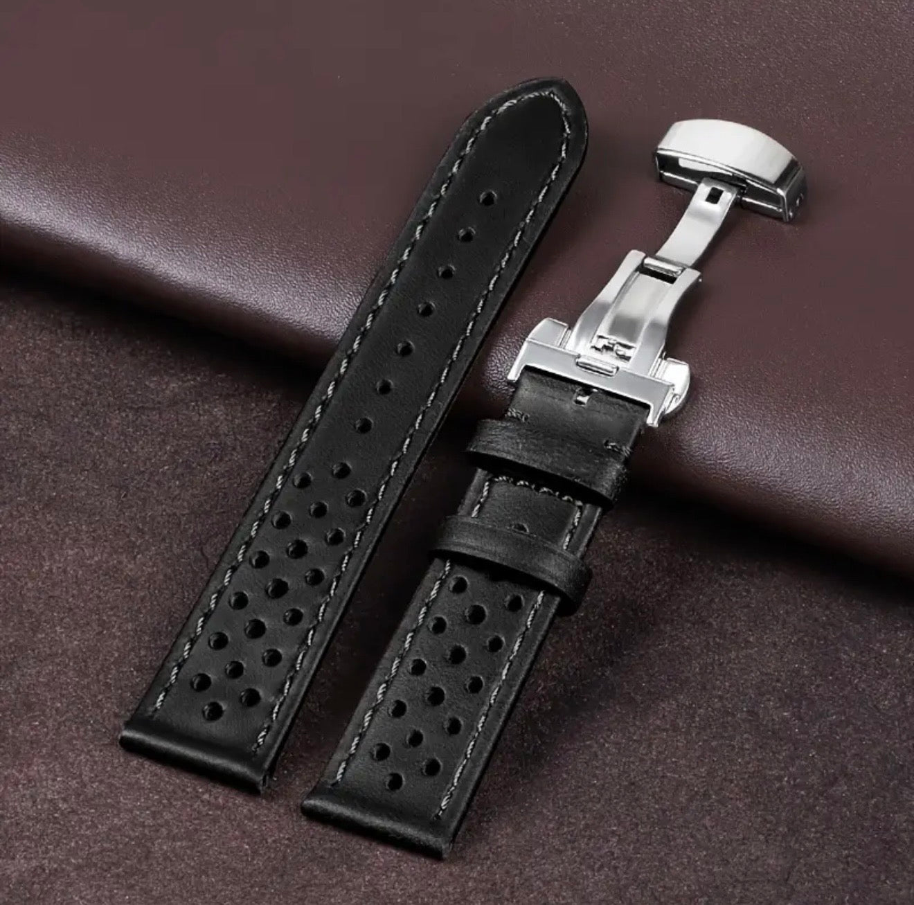 20mm Premium Racing Style Genuine Leather Watch Strap with Master Lock Deployment Clasp – Brown & Black