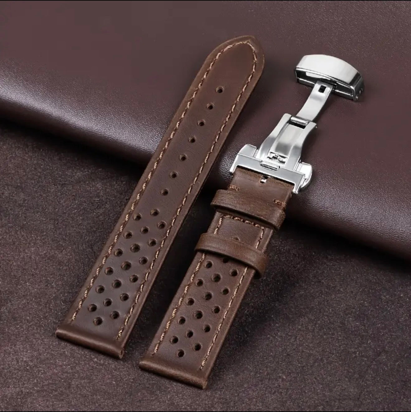 20mm Premium Racing Style Genuine Leather Watch Strap with Master Lock Deployment Clasp – Brown & Black
