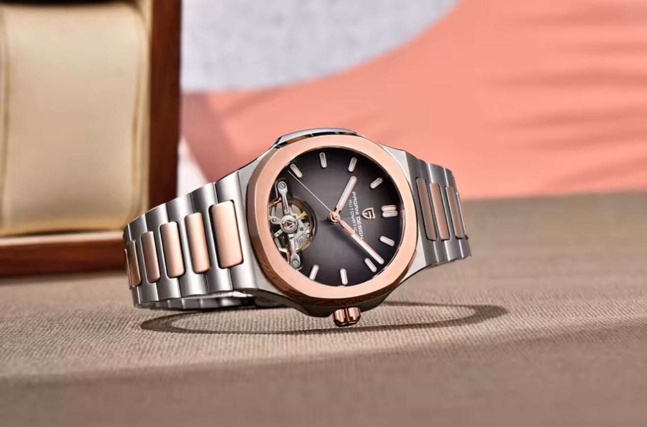 Pagani Design PDys025 Nautilus Flywheel Rose Gold Black 42mm Automatic Watch – Sapphire Crystal | E3251 Movement | 5ATM