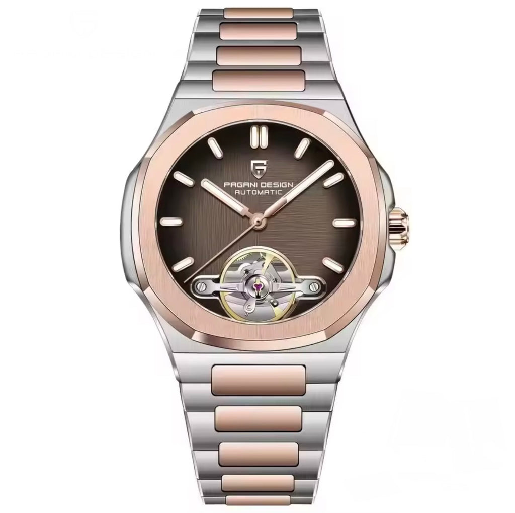 Pagani Design PDys025 Nautilus Flywheel Rose Gold Black 42mm Automatic Watch – Sapphire Crystal | E3251 Movement | 5ATM
