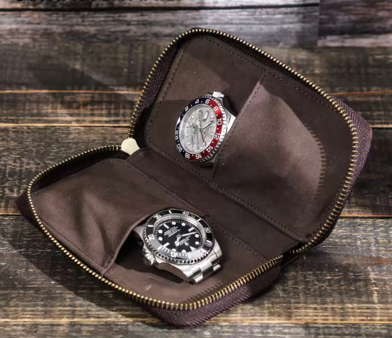 Premium Genuine Cow Leather Double Watch Travel Case | 2-Slot Zipper Watch Storage Pouch | Portable Watch Organizer Brown