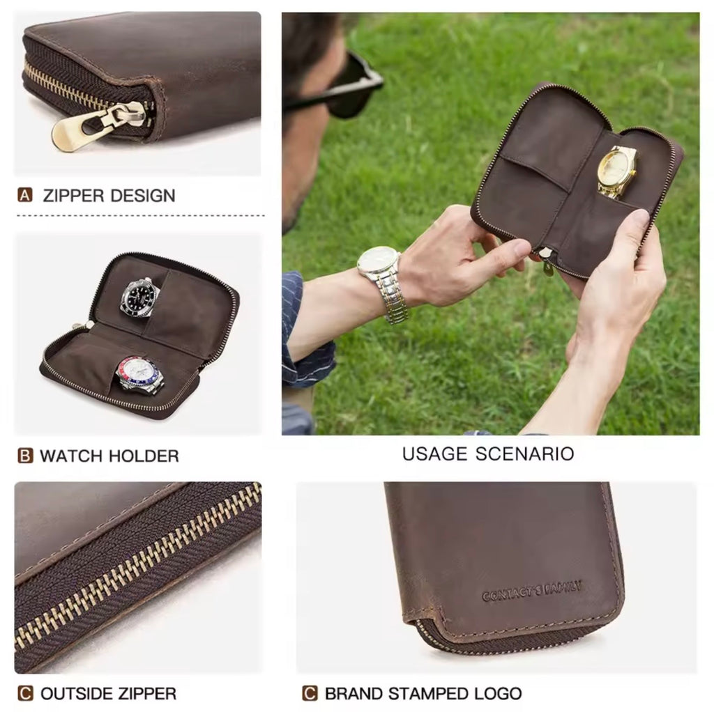 Premium Genuine Cow Leather Double Watch Travel Case | 2-Slot Zipper Watch Storage Pouch | Portable Watch Organizer Brown