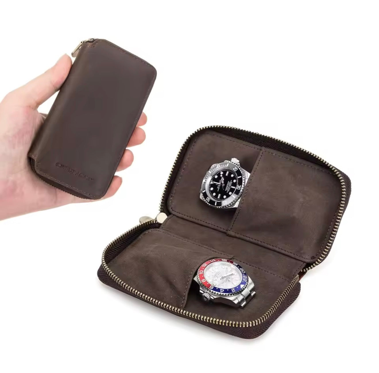 Premium Genuine Cow Leather Double Watch Travel Case | 2-Slot Zipper Watch Storage Pouch | Portable Watch Organizer Brown