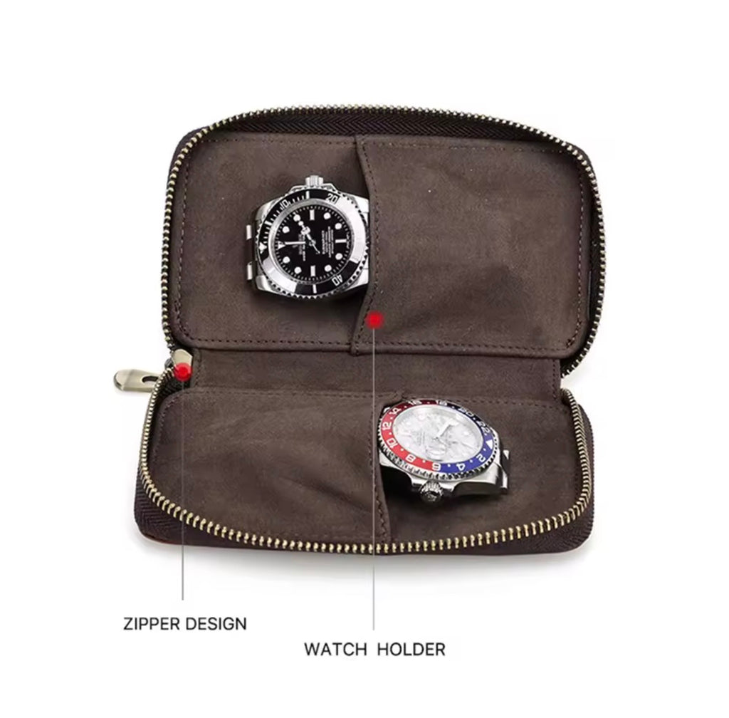 Premium Genuine Cow Leather Double Watch Travel Case | 2-Slot Zipper Watch Storage Pouch | Portable Watch Organizer Brown