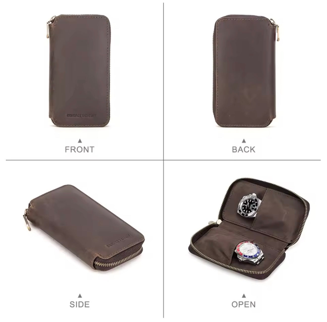 Premium Genuine Cow Leather Double Watch Travel Case | 2-Slot Zipper Watch Storage Pouch | Portable Watch Organizer Brown