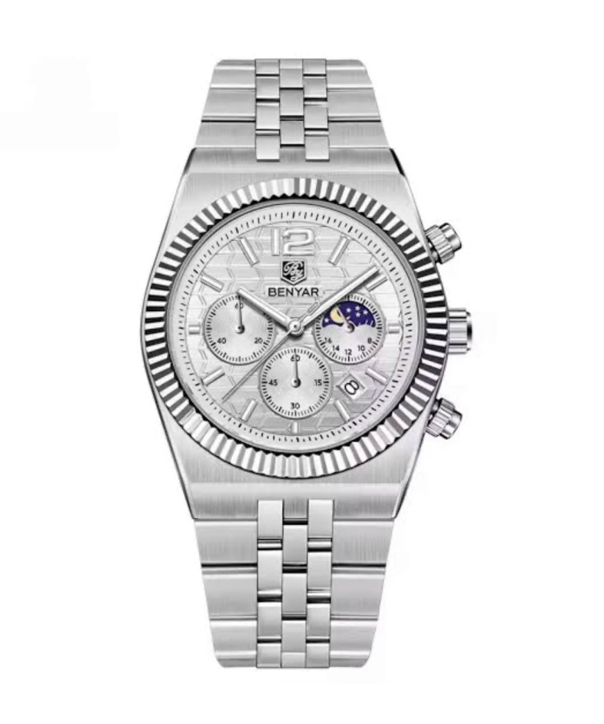 Benyar BY5225 Land Dweller Chronograph White Dial Luxury Men’s Watch in Pakistan – Japanese Quartz Stainless Steel Watch