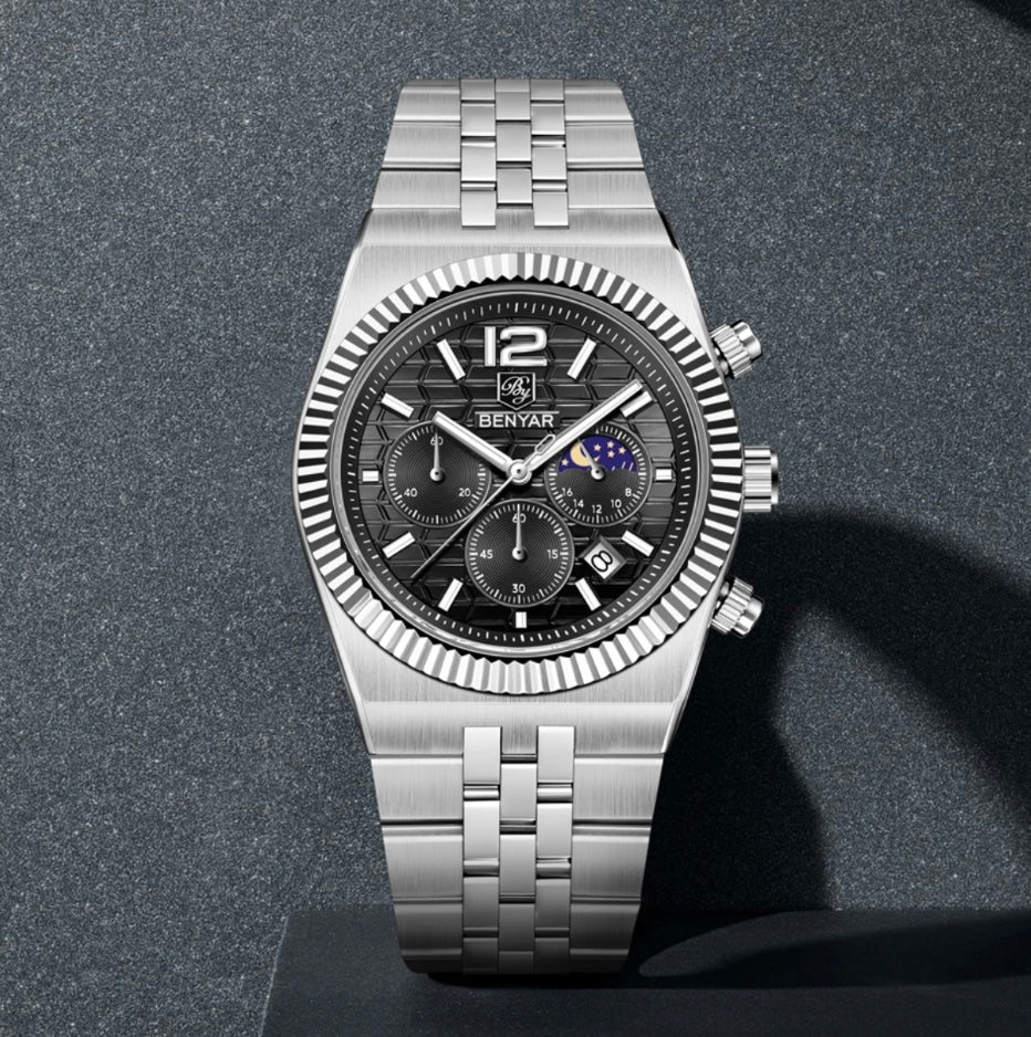 Benyar BY5225 Land Dweller Chronograph Black Dial Luxury Men’s Watch in Pakistan – Japanese Quartz Stainless Steel Watch