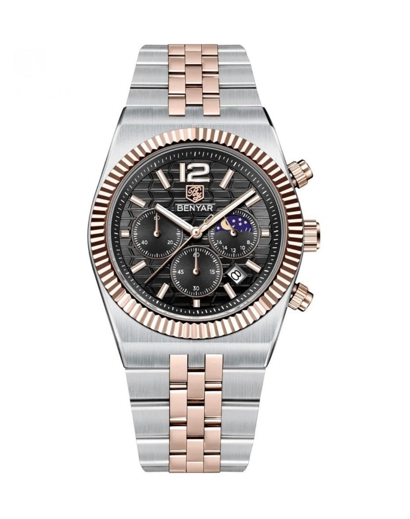 Benyar BY5225 Land Dweller Chronograph Black-Rose Gold Dial Luxury Men’s Watch in Pakistan – Japanese Quartz Stainless Steel Watch