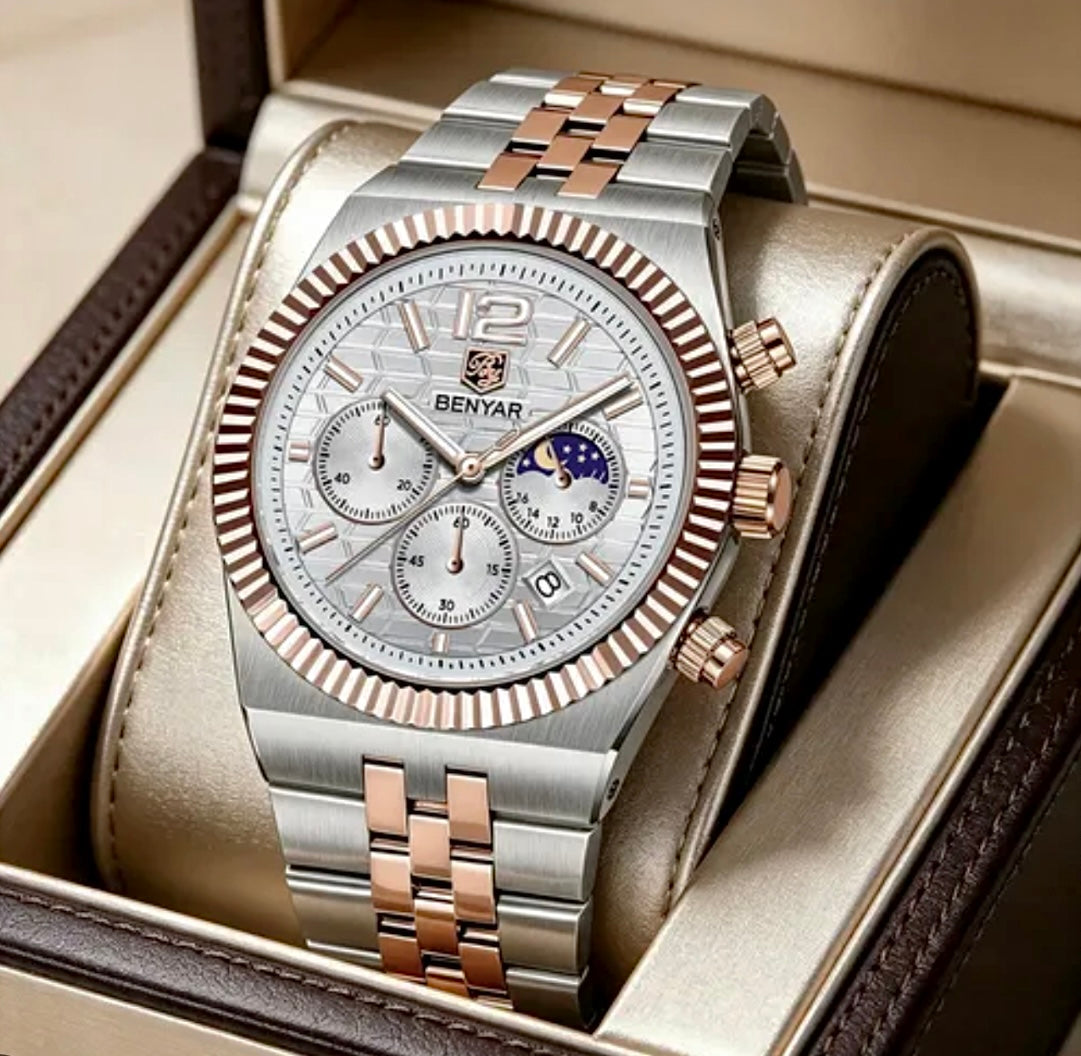 Benyar BY5225 Land Dweller Chronograph (White-Rose Gold) Dial Luxury Men’s Watch in Pakistan – Japanese Quartz Stainless Steel Watch