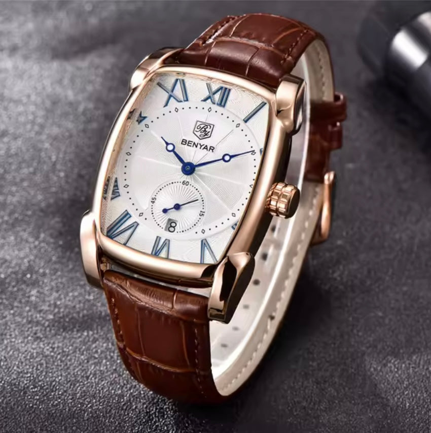 Benyar BY5114 Square Tank Watch in Pakistan – Brown Rose Gold White Elegant Quartz Leather Strap Men’s Dress Watch