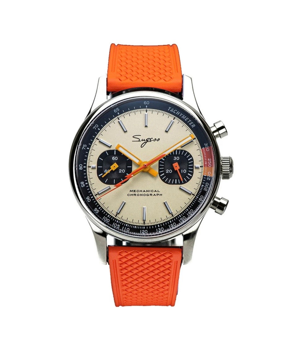 Sugess 1963 Racing Mechanical Chronograph Champagne Panda Dial Watch with Orange Rubber Strap – Seagull ST1901 Hand-Wound Movement, 29 Jewels, Sapphire Crystal & Tachymeter Bezel