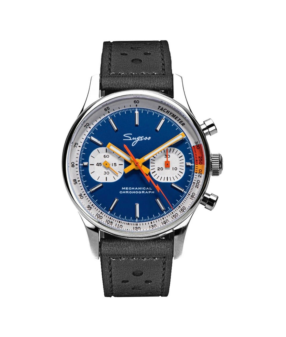 Sugess 1963 Racing Mechanical Chronograph Blue Panda Dial Watch with Black Leather Strap – Seagull ST1901 Hand-Wound Movement, 29 Jewels, Sapphire Crystal &amp; Tachymeter Bezel