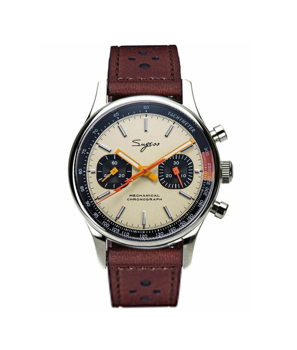 Sugess 1963 Racing Mechanical Chronograph Champagne Panda Dial Watch with Brown Leather Strap – Seagull ST1901 Hand-Wound Movement, 29 Jewels, Sapphire Crystal & Tachymeter Bezel