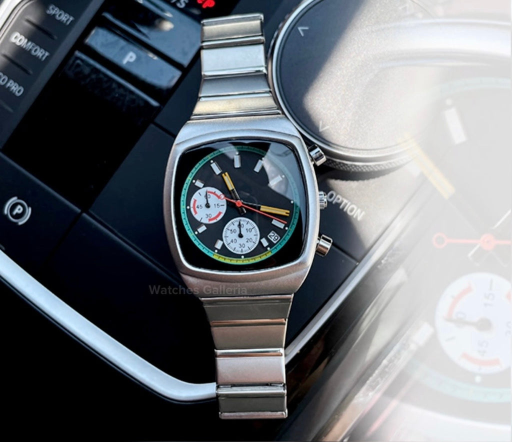 Ciloa 501 Retro Chronograph Black Dial Steel Watch 38mm Quartz with Complete Calendar & Stainless Steel Bracelet