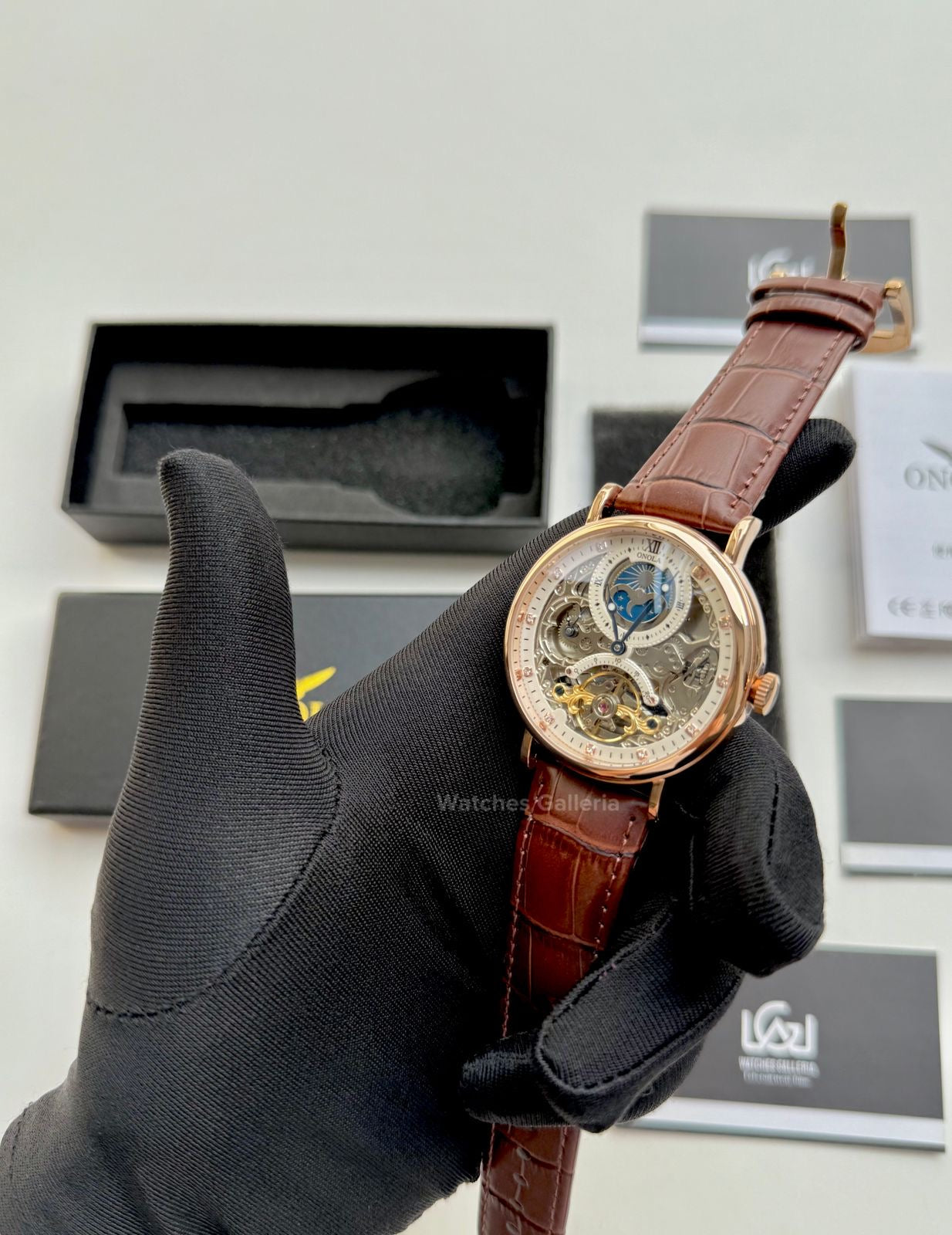 Onola Moonphase Flywheel Skeleton Watch Automatic (Brown-Rose Gold) ON6836 Watches Galleria