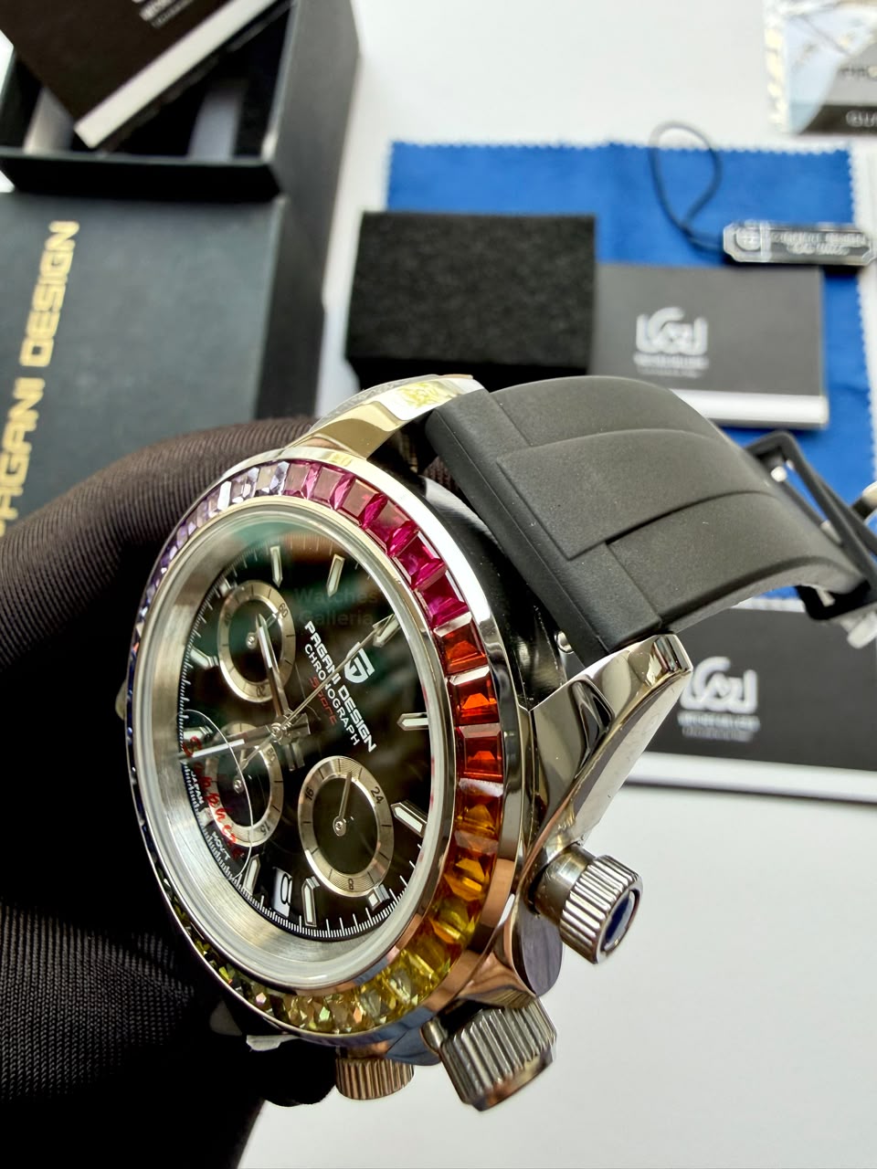 Pagani Design PD1644 Daytona Rainbow Jubilee Limited Edition Chronograph Watch PD1644LE | 40mm Sapphire Crystal, Seiko VK63 Quartz, Complete Calendar & Rainbow Stones Bezel