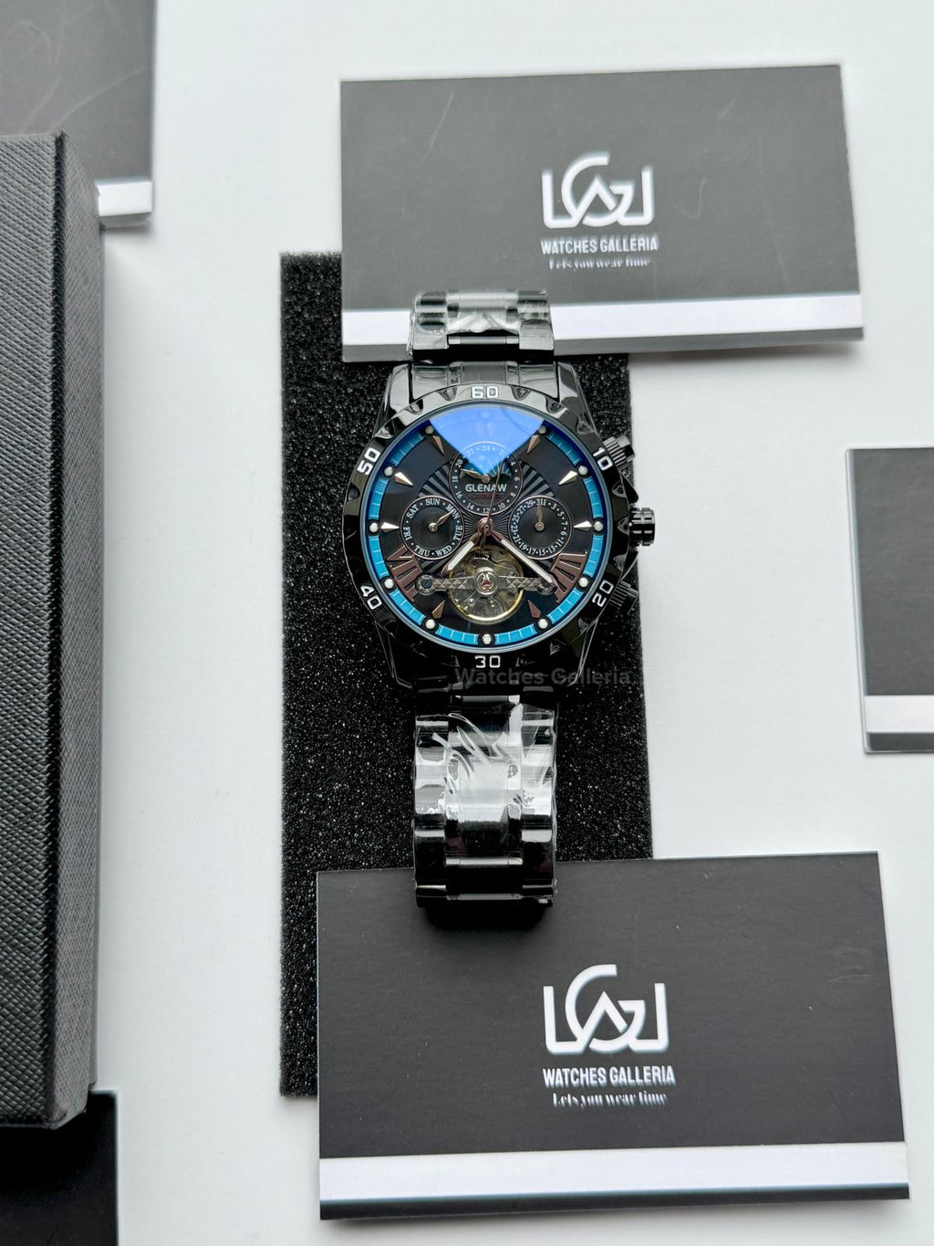 Glenaw GL8919B Moonphase Flywheel Automatic Watch – Black Blue Dial | Luxury Automatic Wristwatch for Men | Glenaw Watches in Pakistan