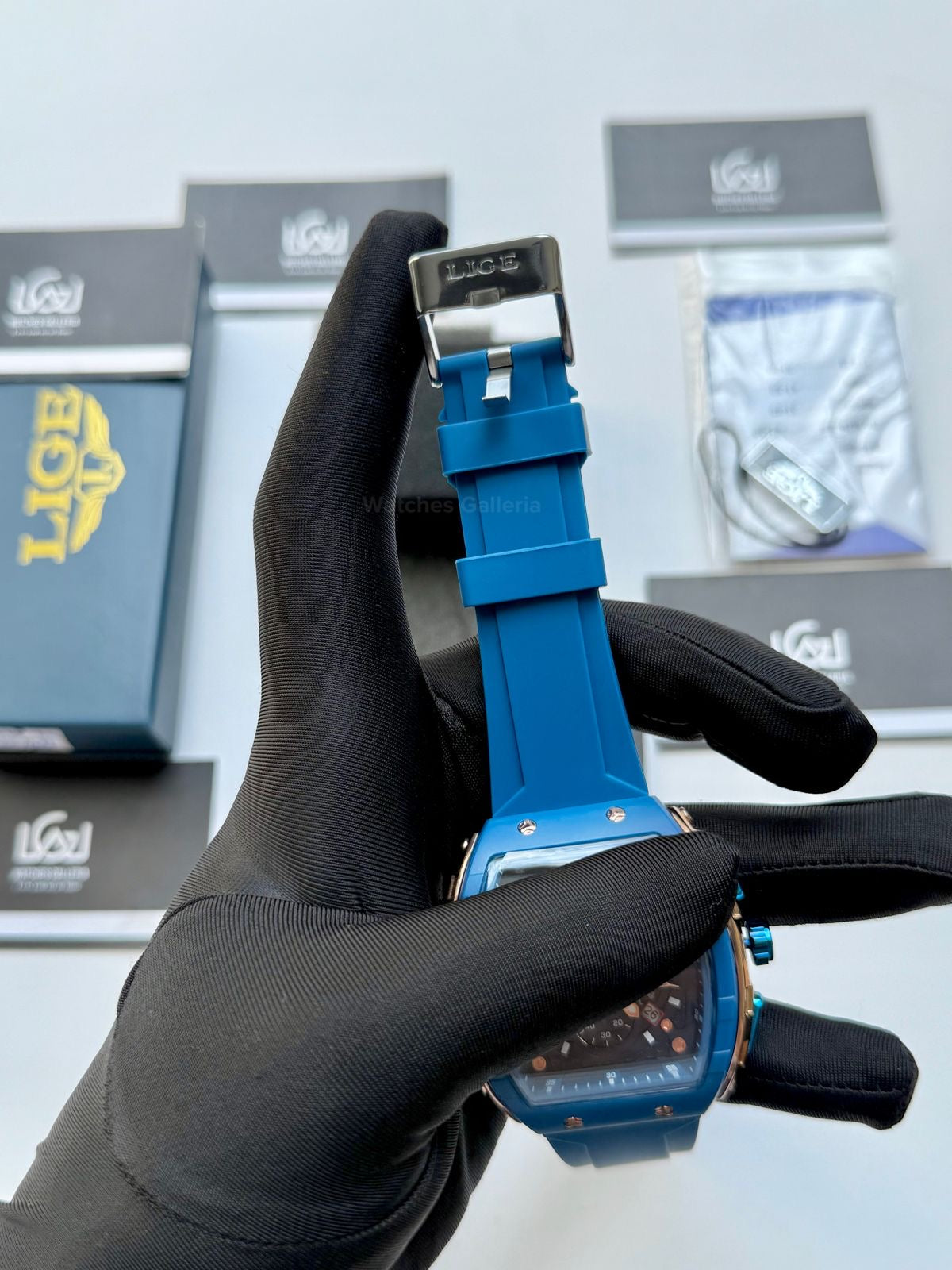 LIGE LG89148 Blue Tonneau Chronograph Watch in Pakistan – Luxury Men’s Quartz Watch with Silicon Strap