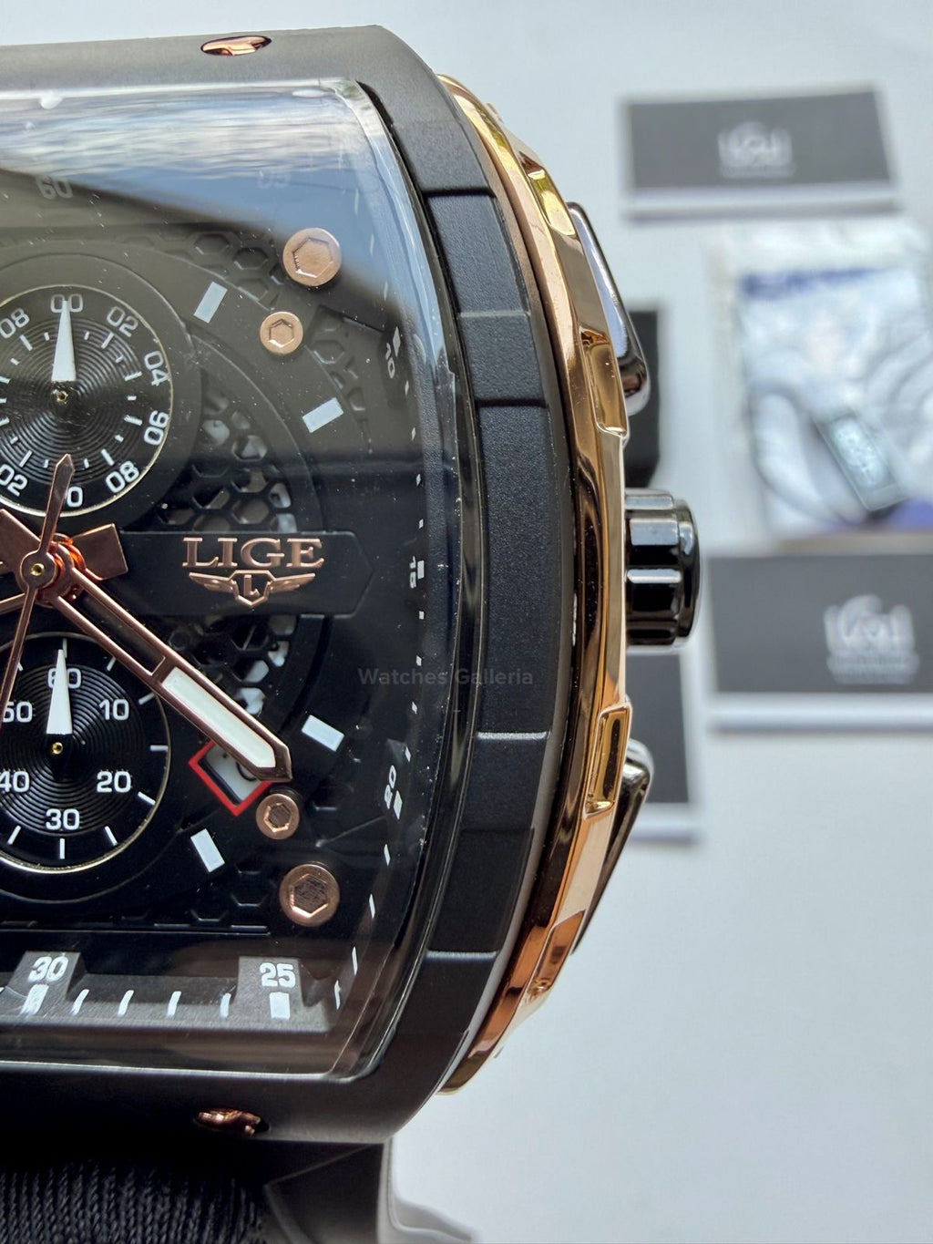 LIGE LG89148 Tonneau Chronograph Watch in Pakistan – Black Rose Gold Luxury Men’s Quartz Watch with Silicon Strap