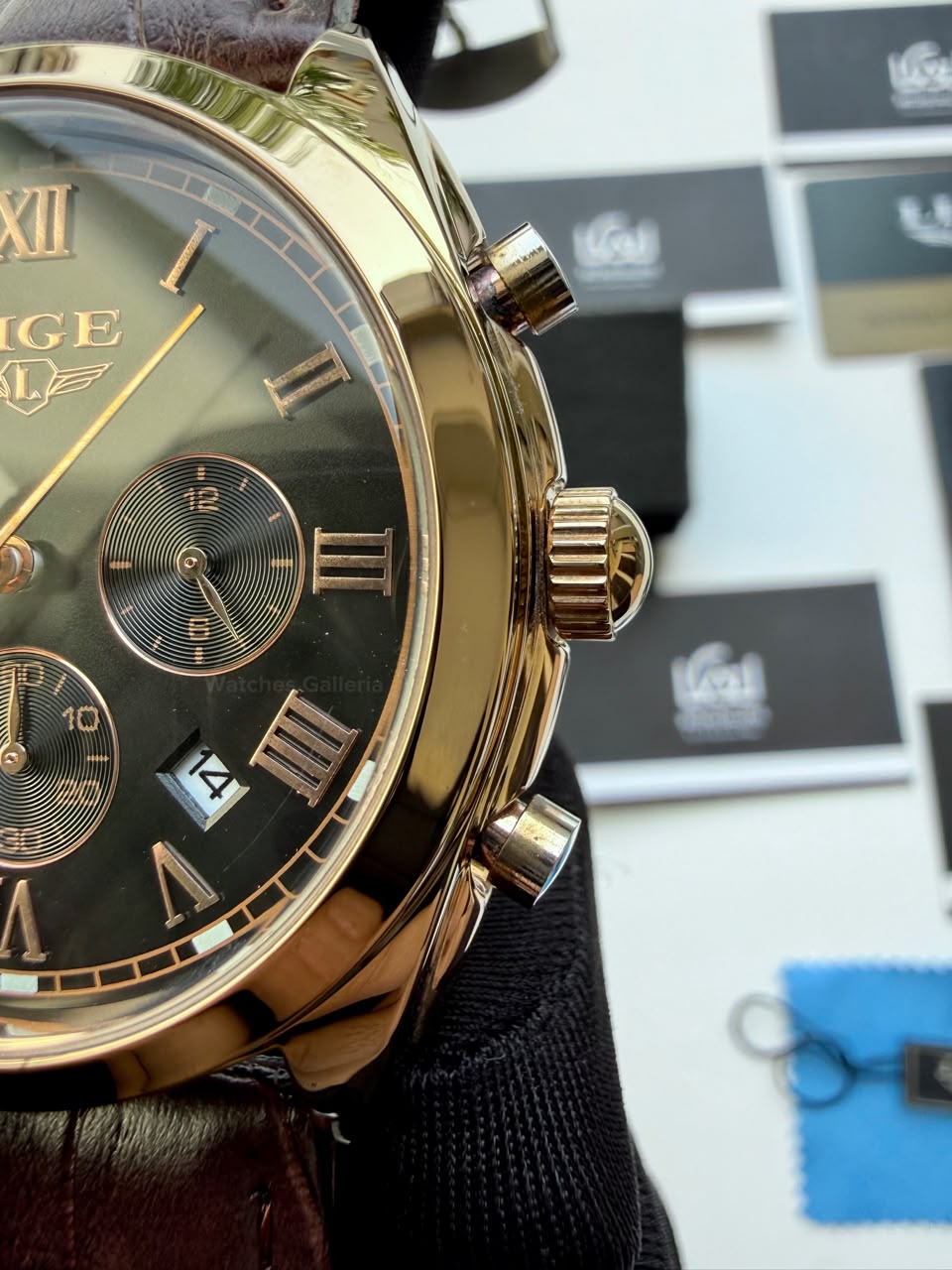 Lige 9852 Chronograph Watch for Men Brown Rose Gold Leather Strap Original Lige Watch in Pakistan