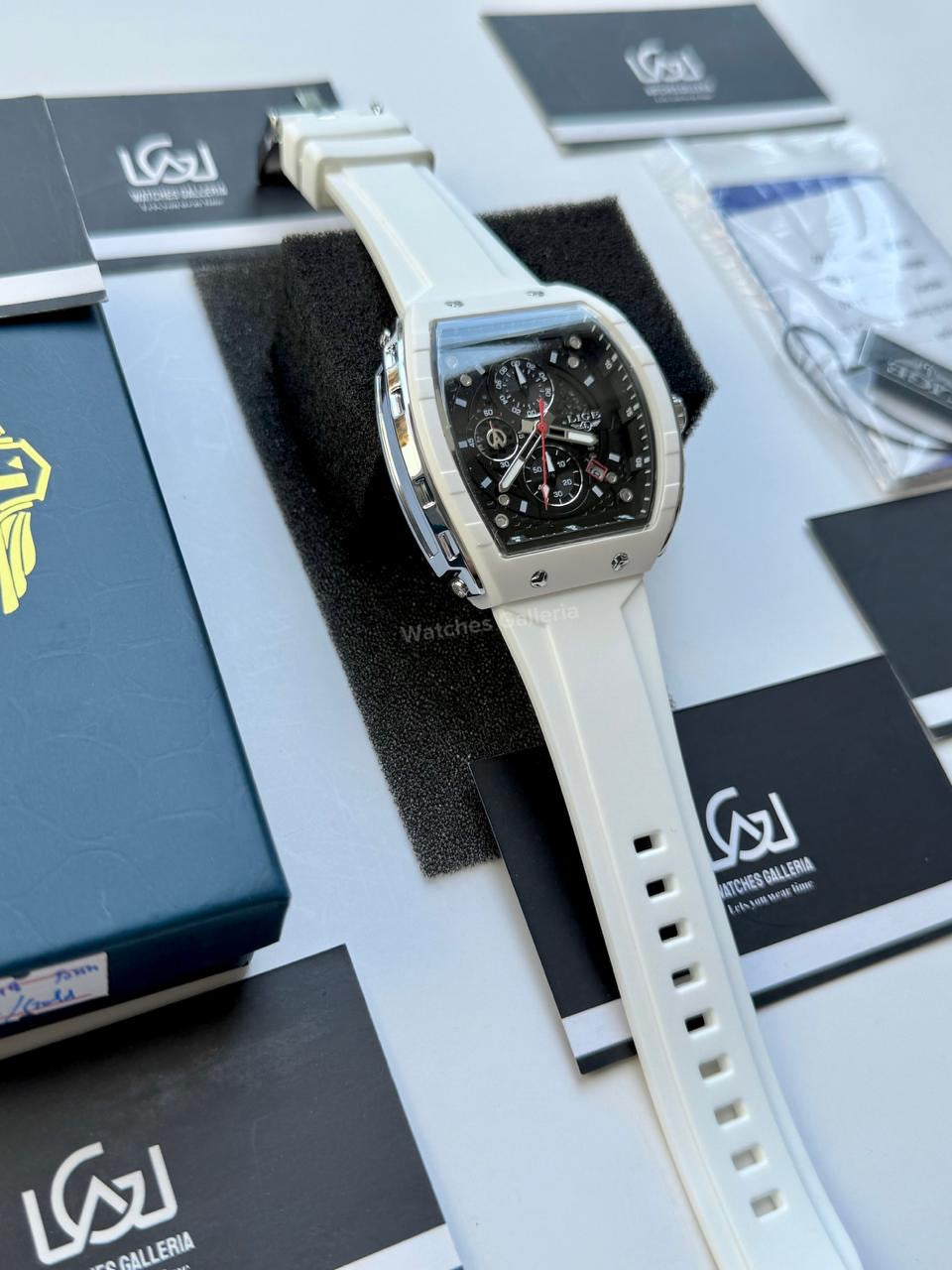 LIGE LG89148 White Tonneau Chronograph Watch in Pakistan – Luxury Men’s Quartz Watch with Silicon Strap