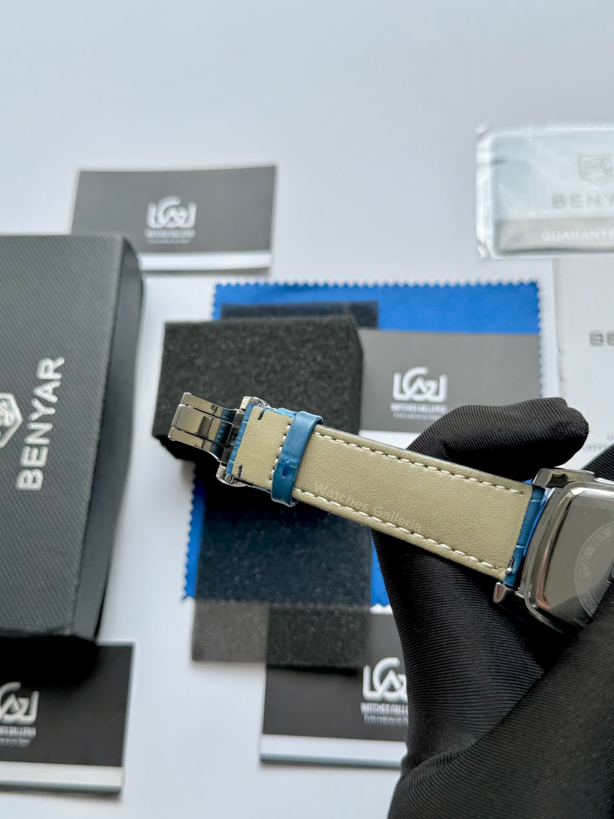 Benyar BY5114 Square Tank Watch | Blue Silver White | Roman Numeral Dial Master Lock Quartz Date Calendar Leather Strap