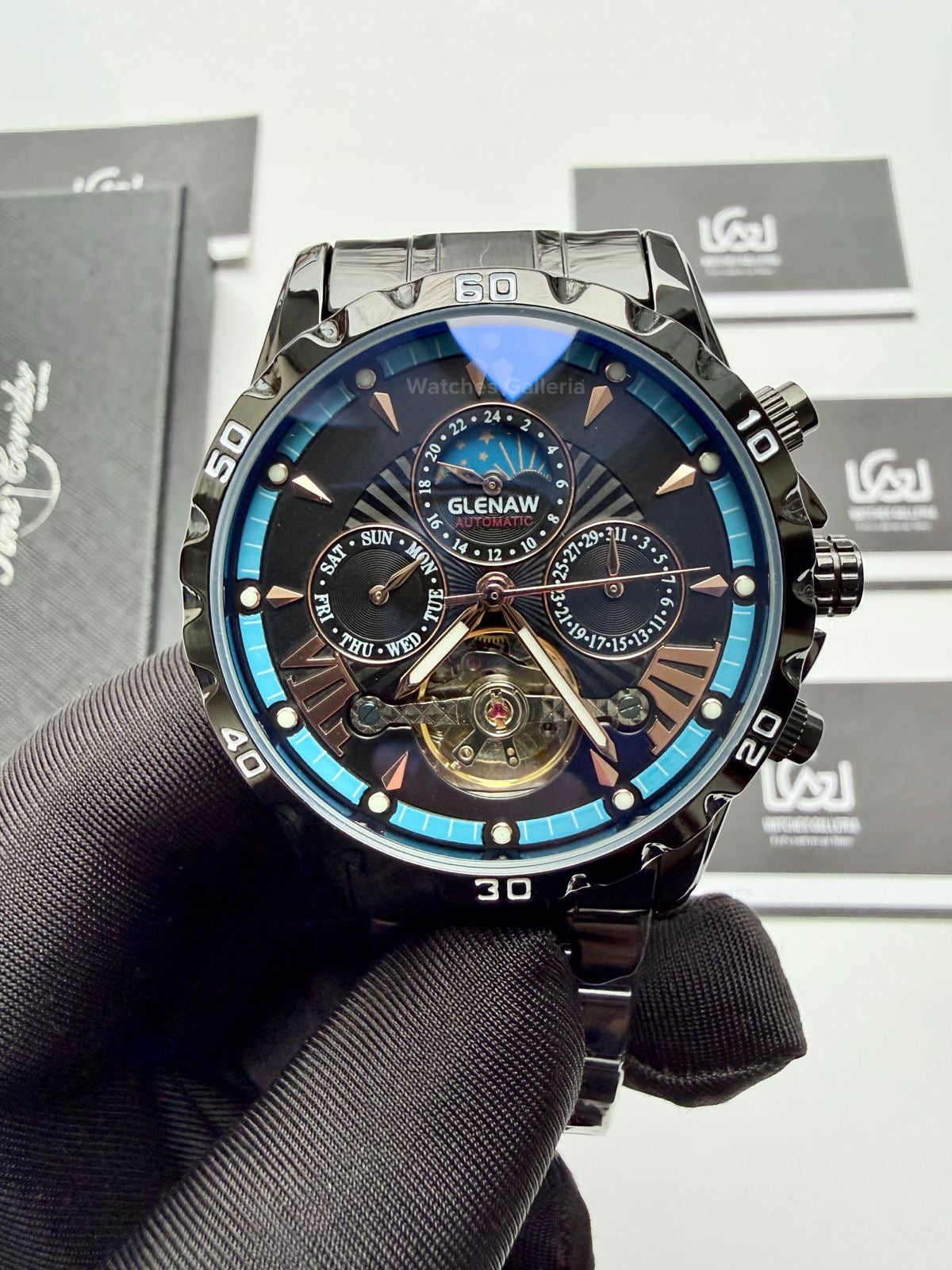 Glenaw GL8919B Moonphase Flywheel Automatic Watch – Black Blue Dial | Luxury Automatic Wristwatch for Men | Glenaw Watches in Pakistan