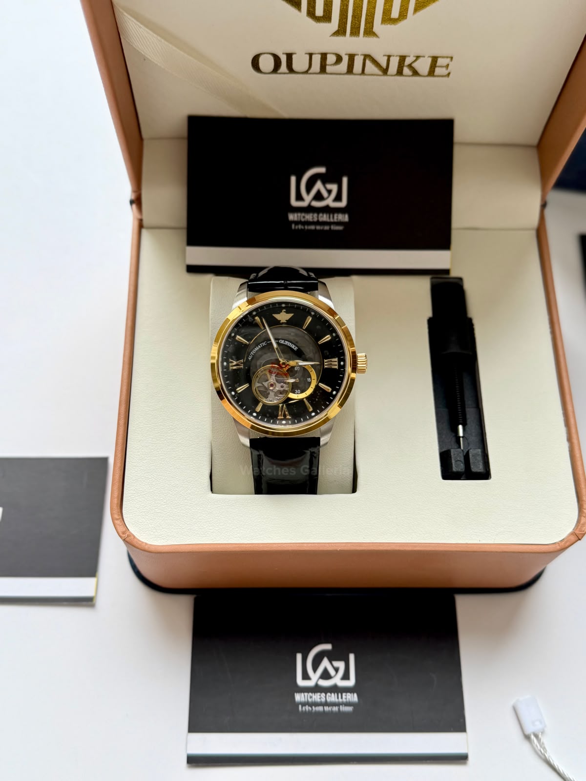 Oupinke G3190 (Black Leather) Open Heart Automatic Watch with Miyota 8215 Japanese Movement, Sapphire Crystal, Luminous Dial & Black Leather Strap